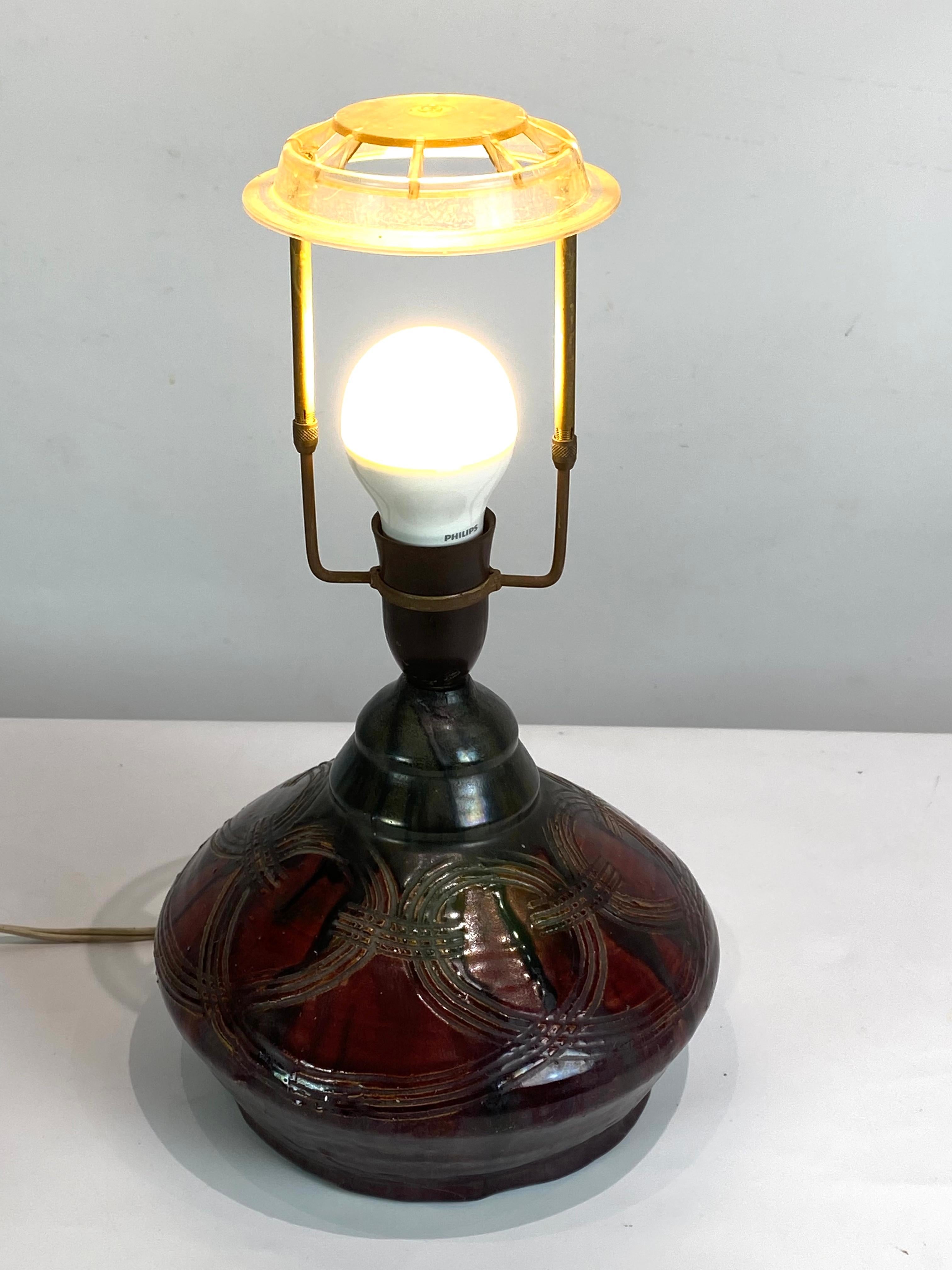 Danish Ceramic Table Lamp in Brown Colors with Paper Shade, by Herman A. Kähler, 1940s