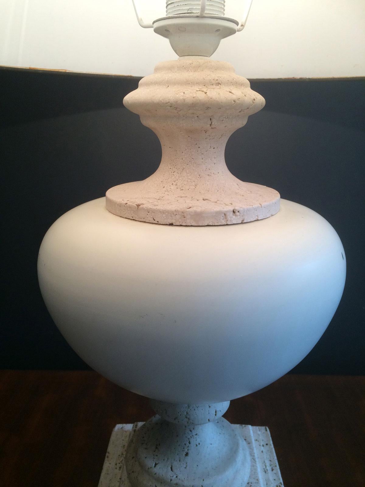 Ceramic Table Lamp on a Travertine Base, French Work, Circa 1970 For Sale 2