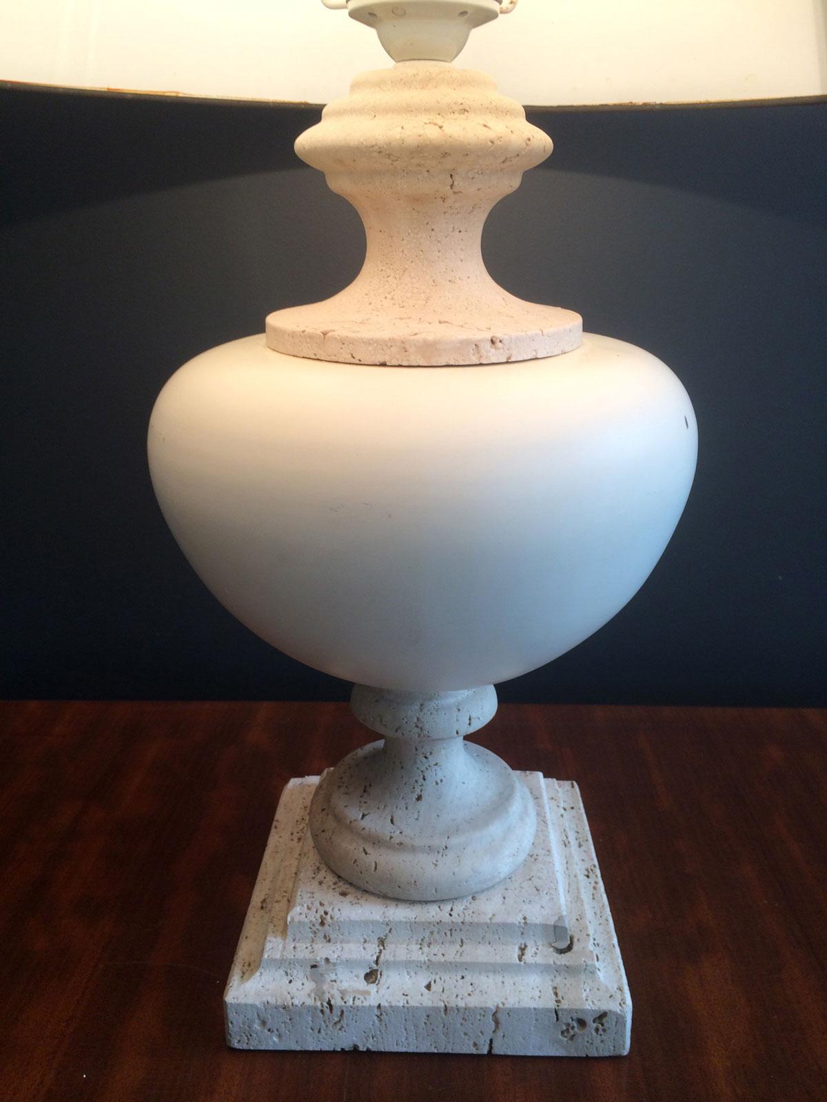 Ceramic Table Lamp on a Travertine Base, French Work, Circa 1970 For Sale 3