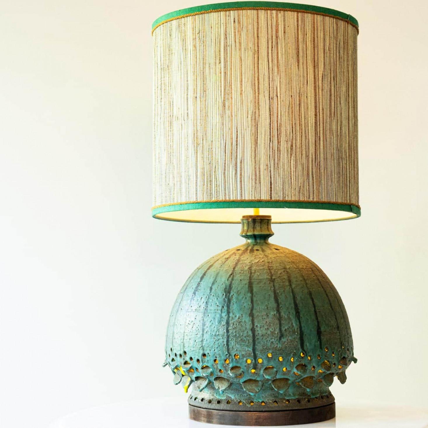 Mid-Century Modern Ceramic Table Lamp Oxide Green With Walnut Foot, New Lampshade by R. Houben For Sale