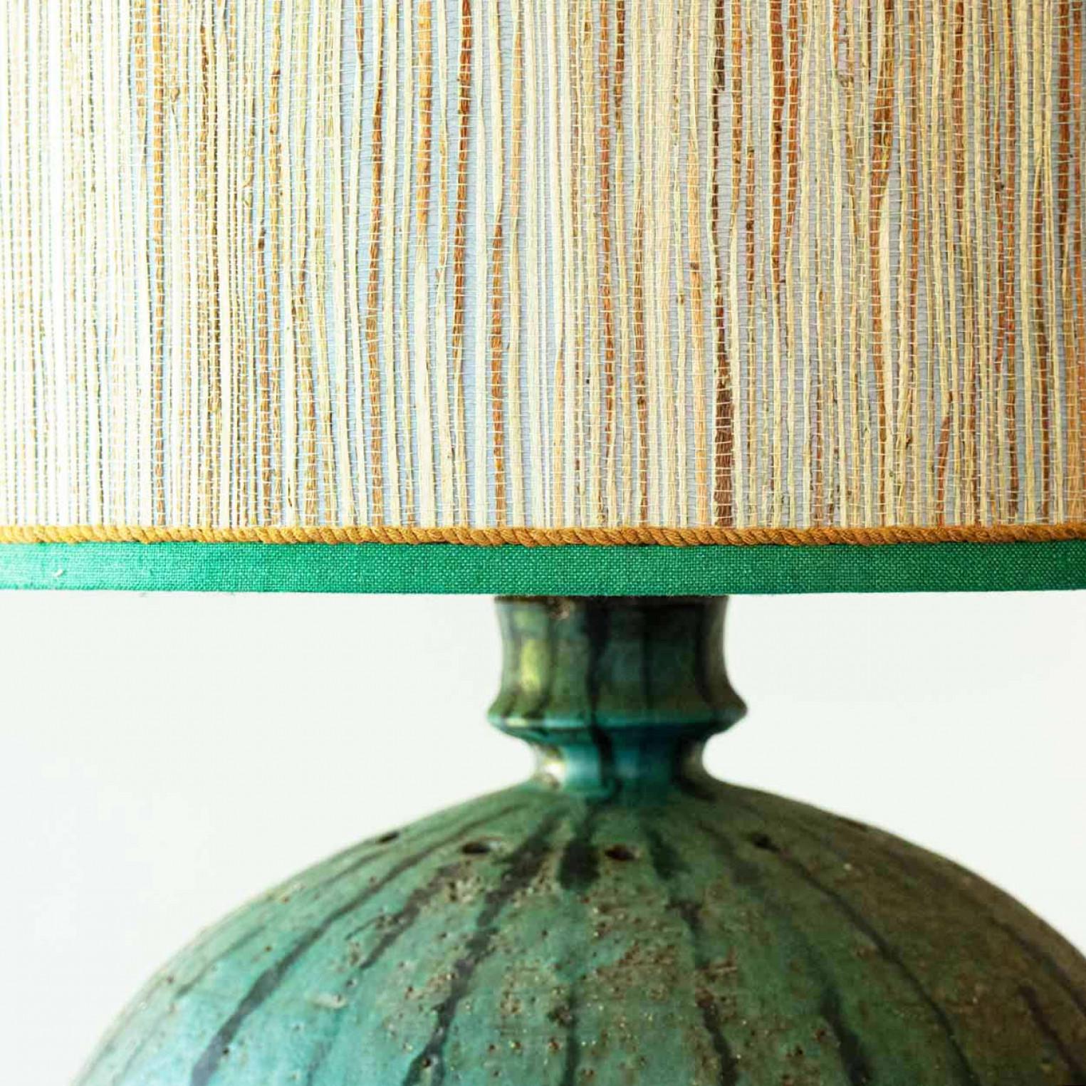 French Ceramic Table Lamp Oxide Green With Walnut Foot, New Lampshade by R. Houben For Sale