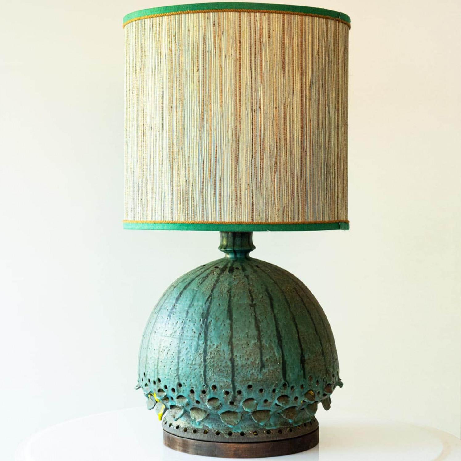 Ceramic Table Lamp Oxide Green With Walnut Foot, New Lampshade by R. Houben In Good Condition For Sale In Rijssen, NL