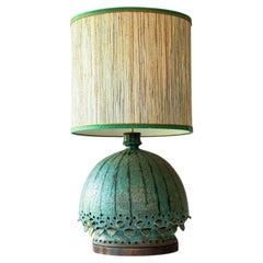 Lampe de table en céramique vert oxyde avec pied en noyer, nouvel abat-jour de R. Houben