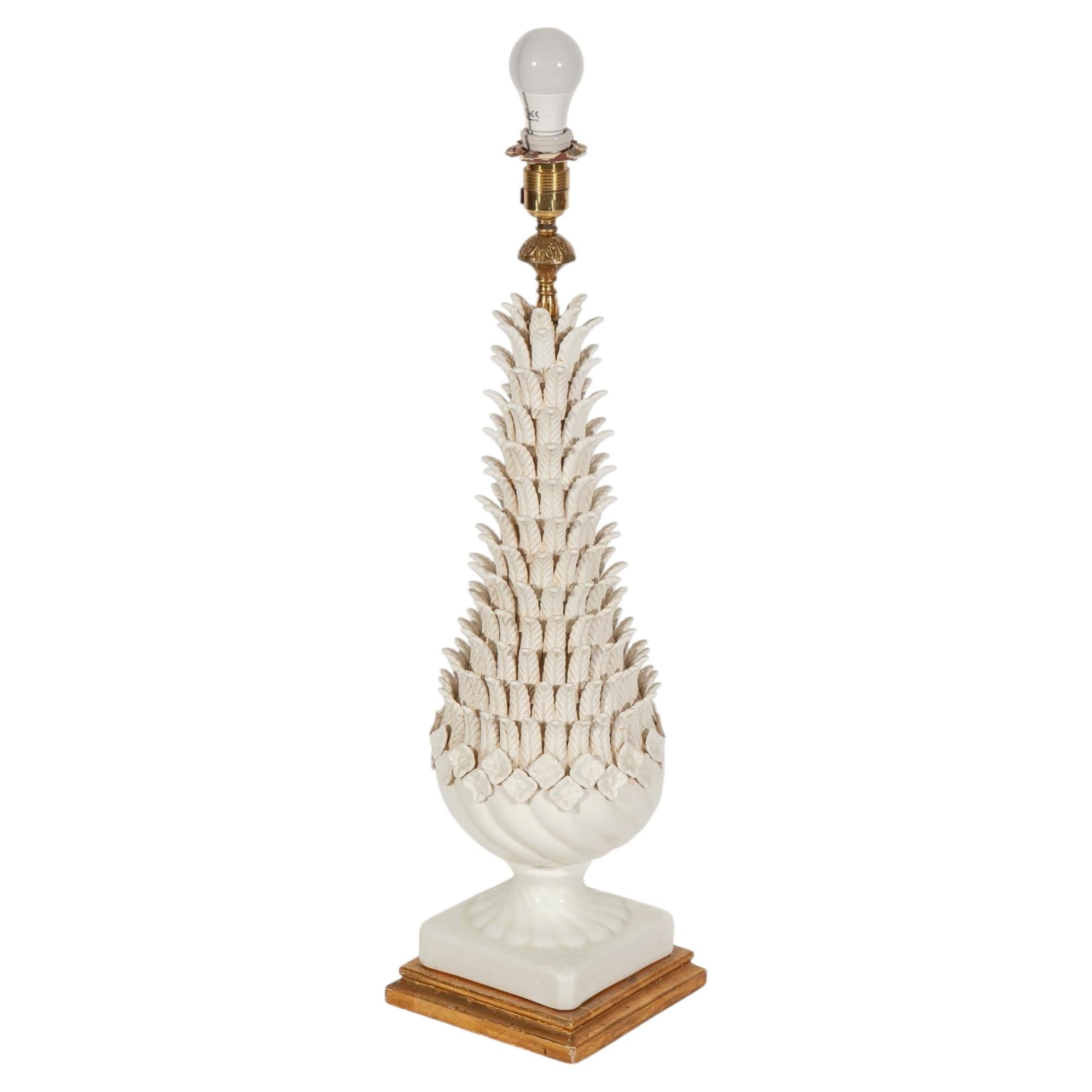 Ceramic Table Lamp, Palm Leave Motif, White Glaze, Manises, Spain 1960s