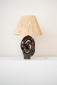 Ceramic Table Lamp Raffia Lampshade Metalic Glaze