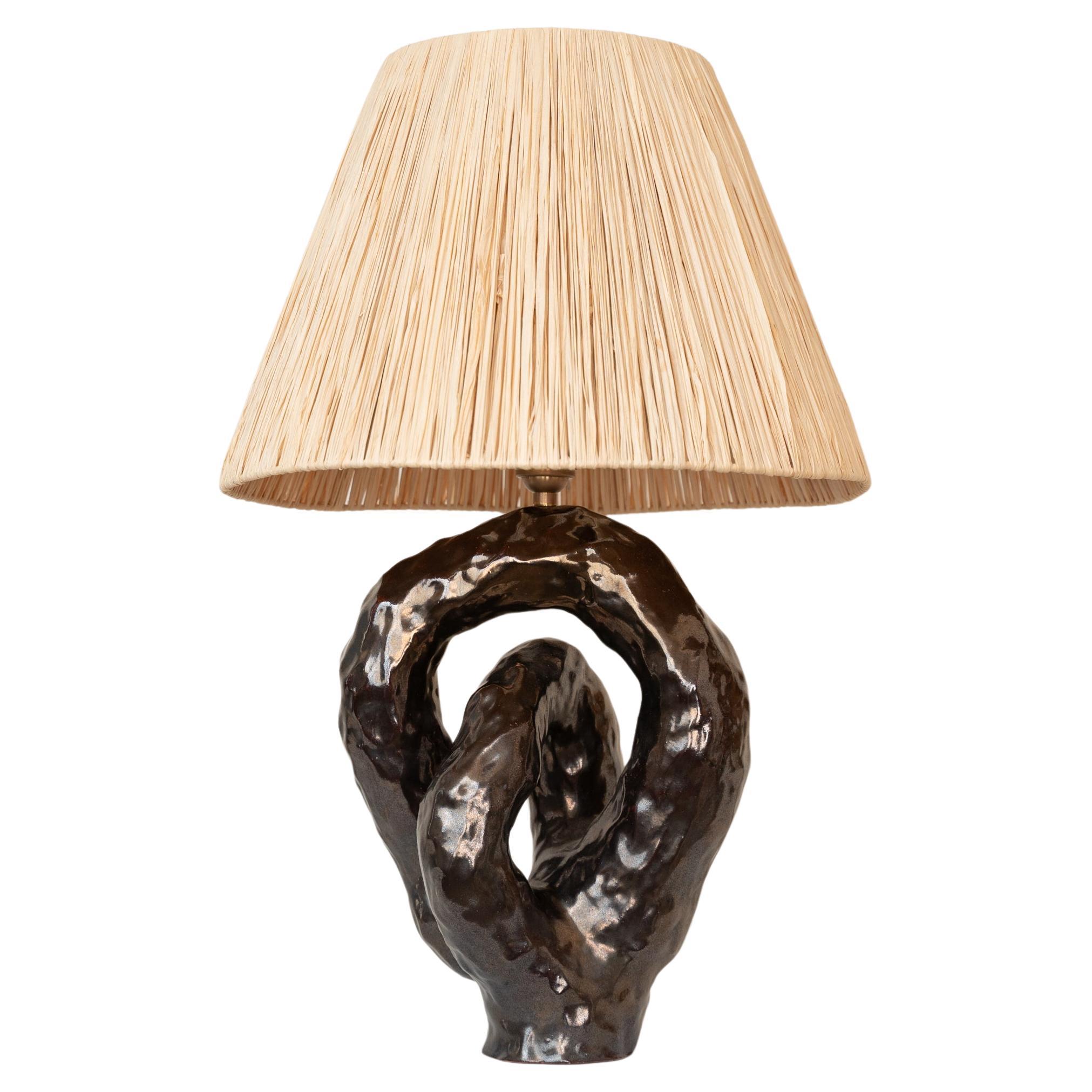 Lampe à poser en céramique Abat-jour en raphia Glaçure métallique