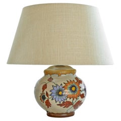 Ceramic Table Lamp with Autumnal Floral Decor 1930s