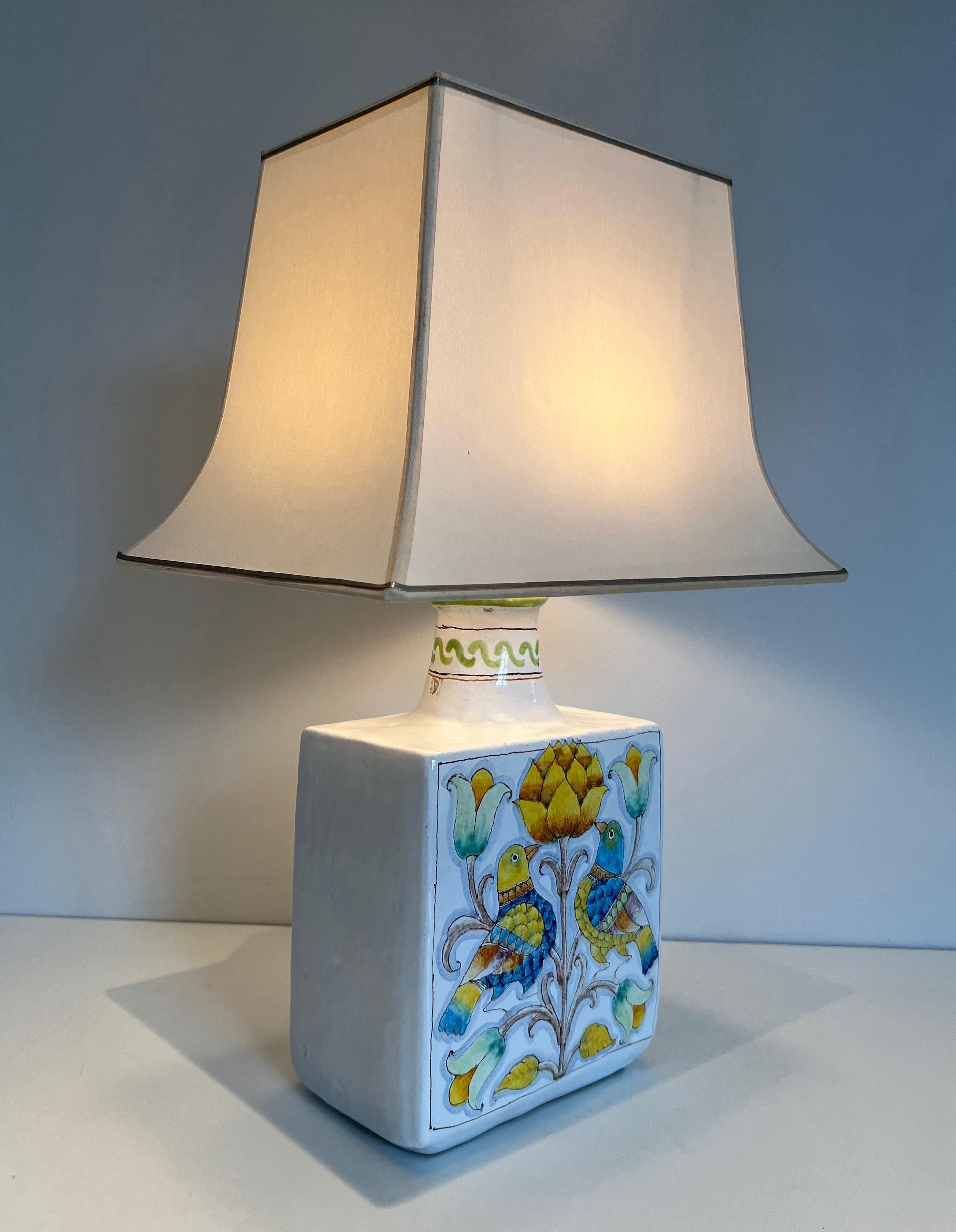 Mid-Century Modern Ceramic Table Lamp with Birds and Flowers Decors For Sale