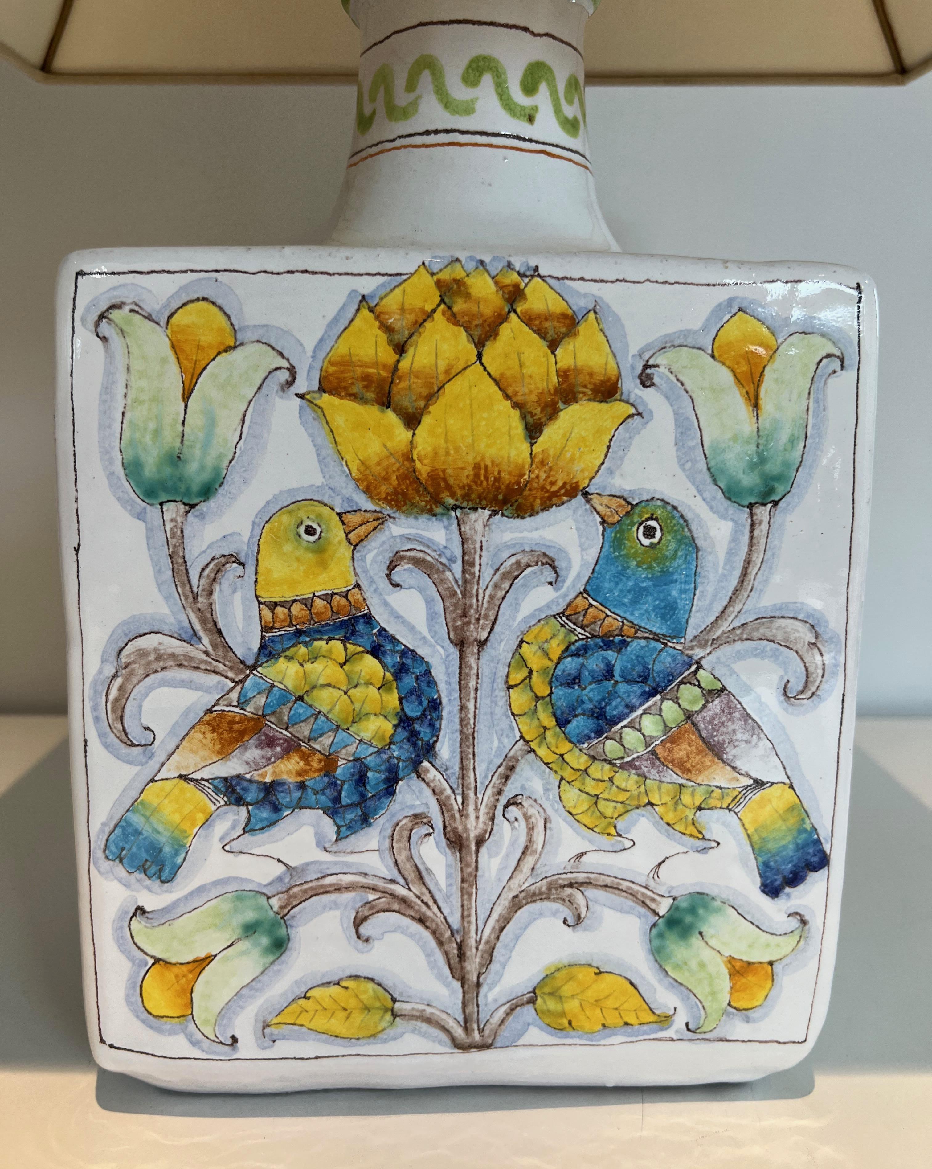 Late 20th Century Ceramic Table Lamp with Birds and Flowers Decors For Sale
