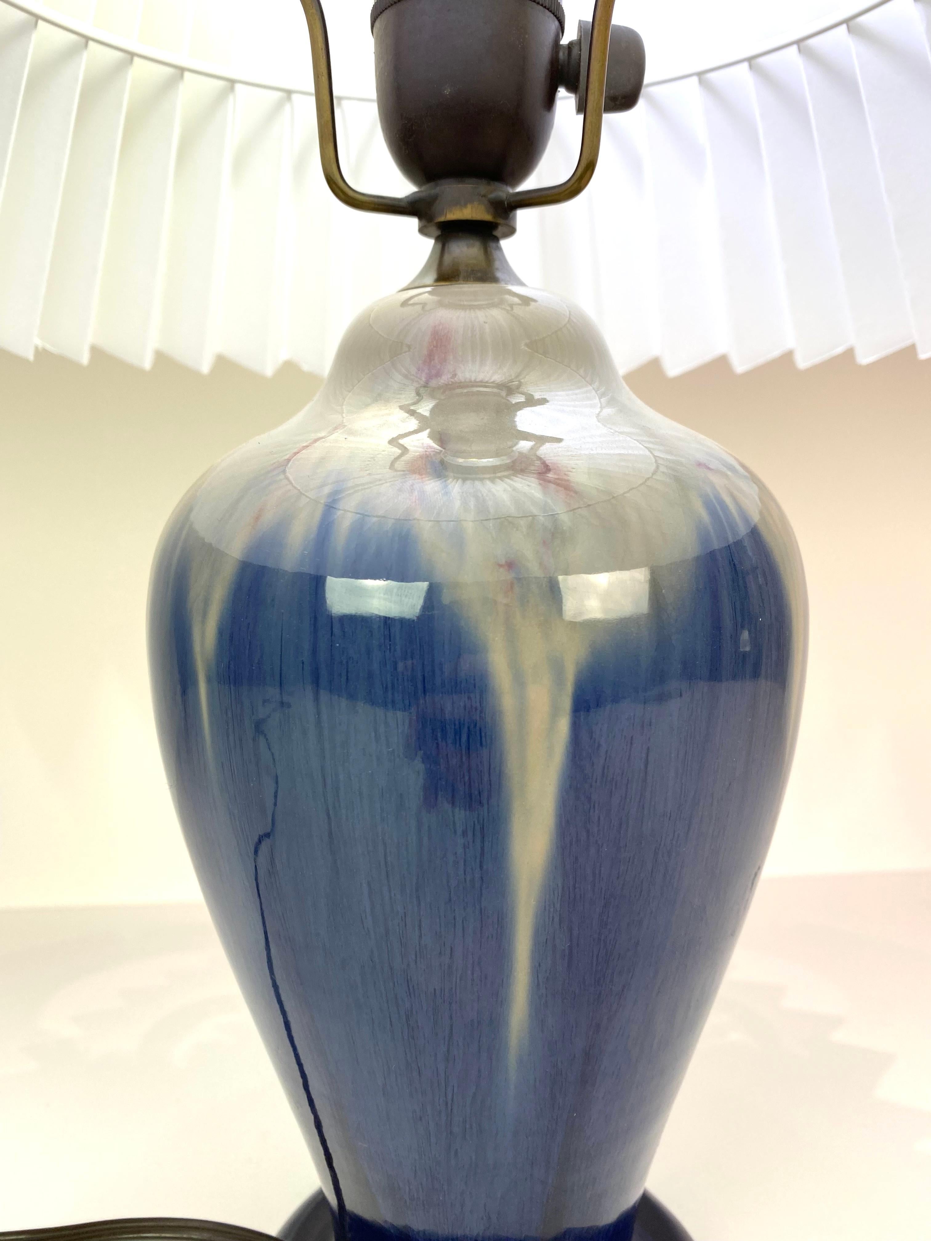Danish Ceramic Table Lamp with Blue Glaze and Paper Shade, by Michael Andersen