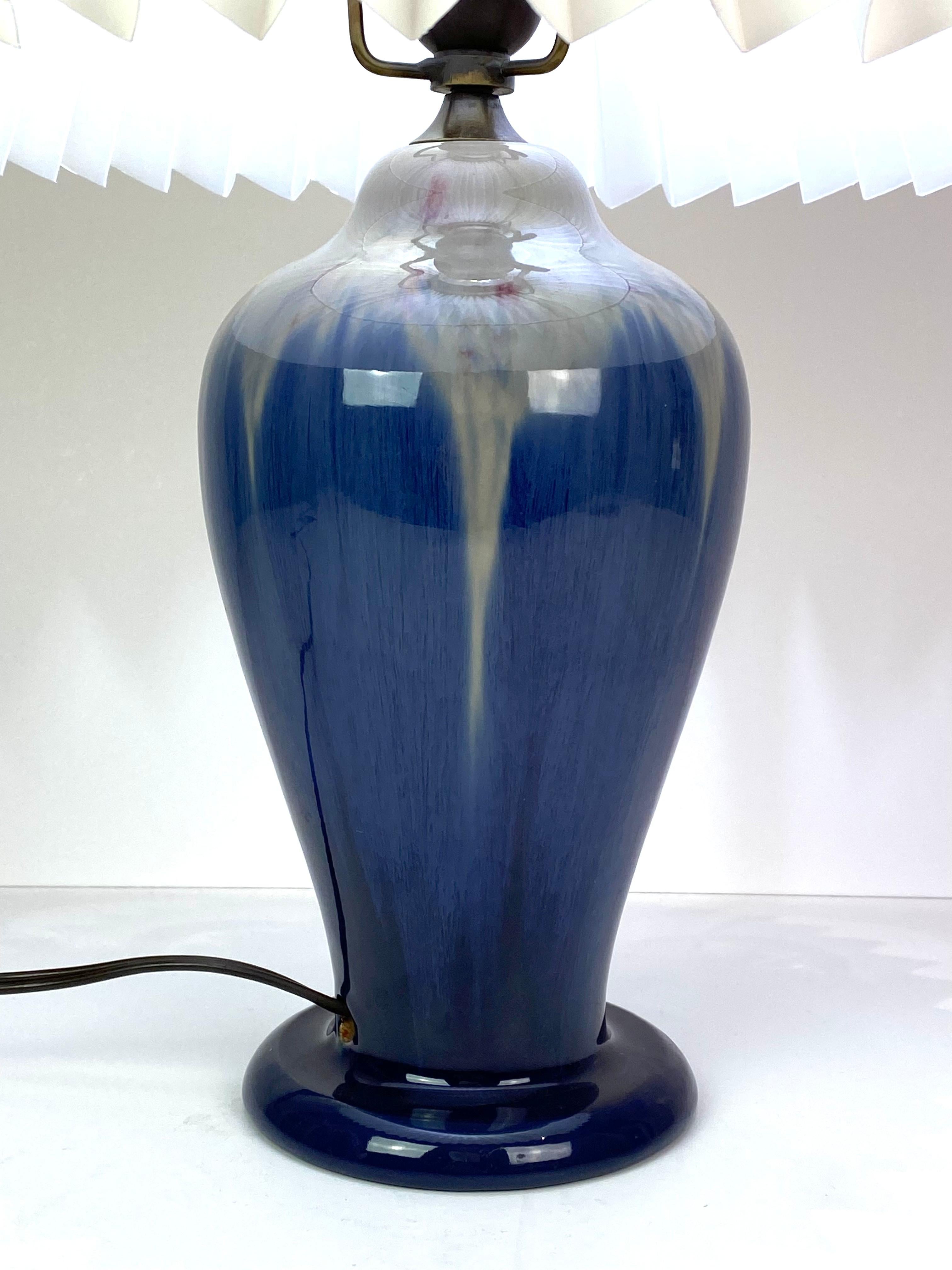 Ceramic Table Lamp with Blue Glaze and Paper Shade, by Michael Andersen In Good Condition In Lejre, DK
