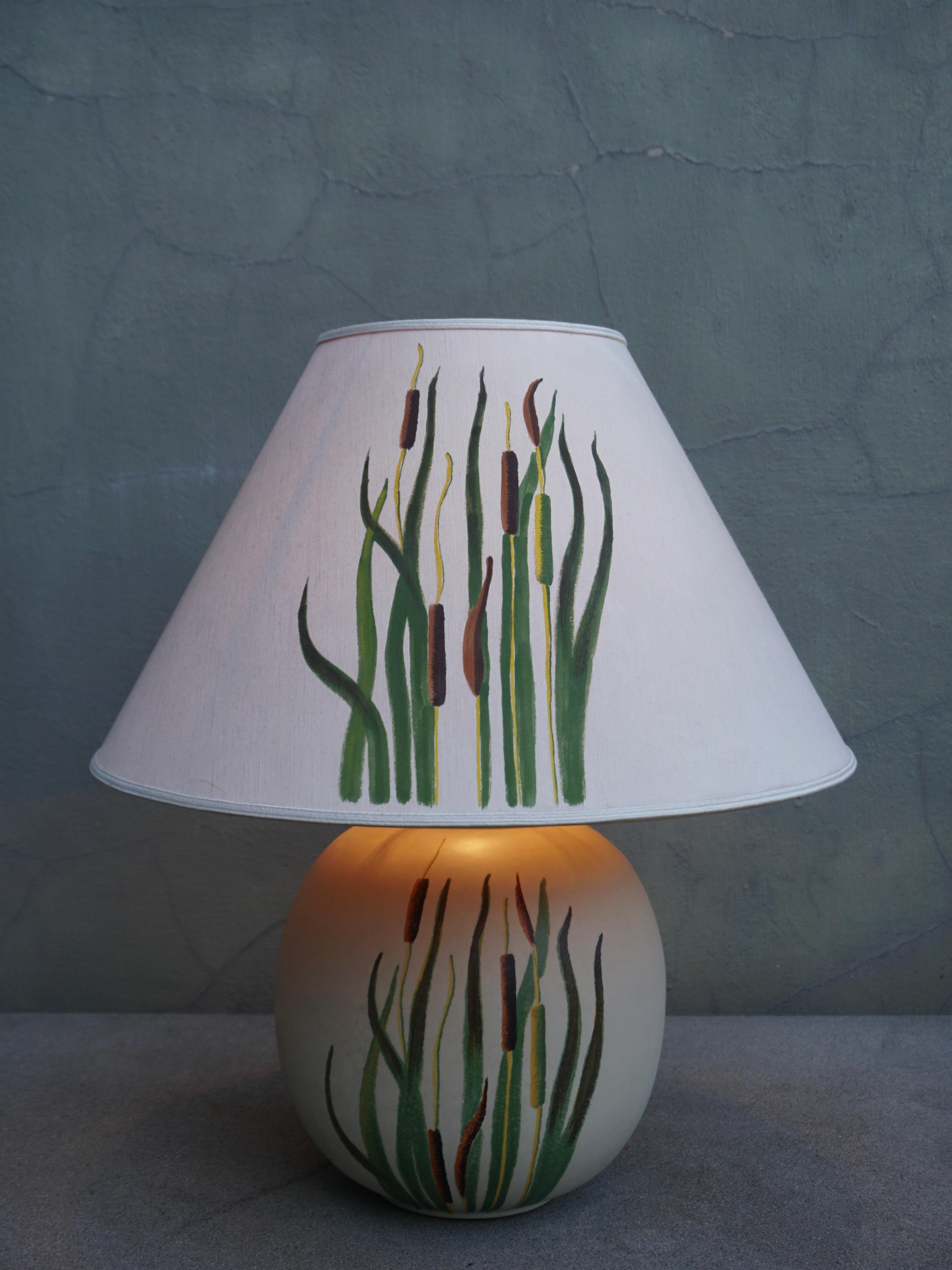 French Ceramic Table Lamp with Botanical Representation of Cattails Grass For Sale
