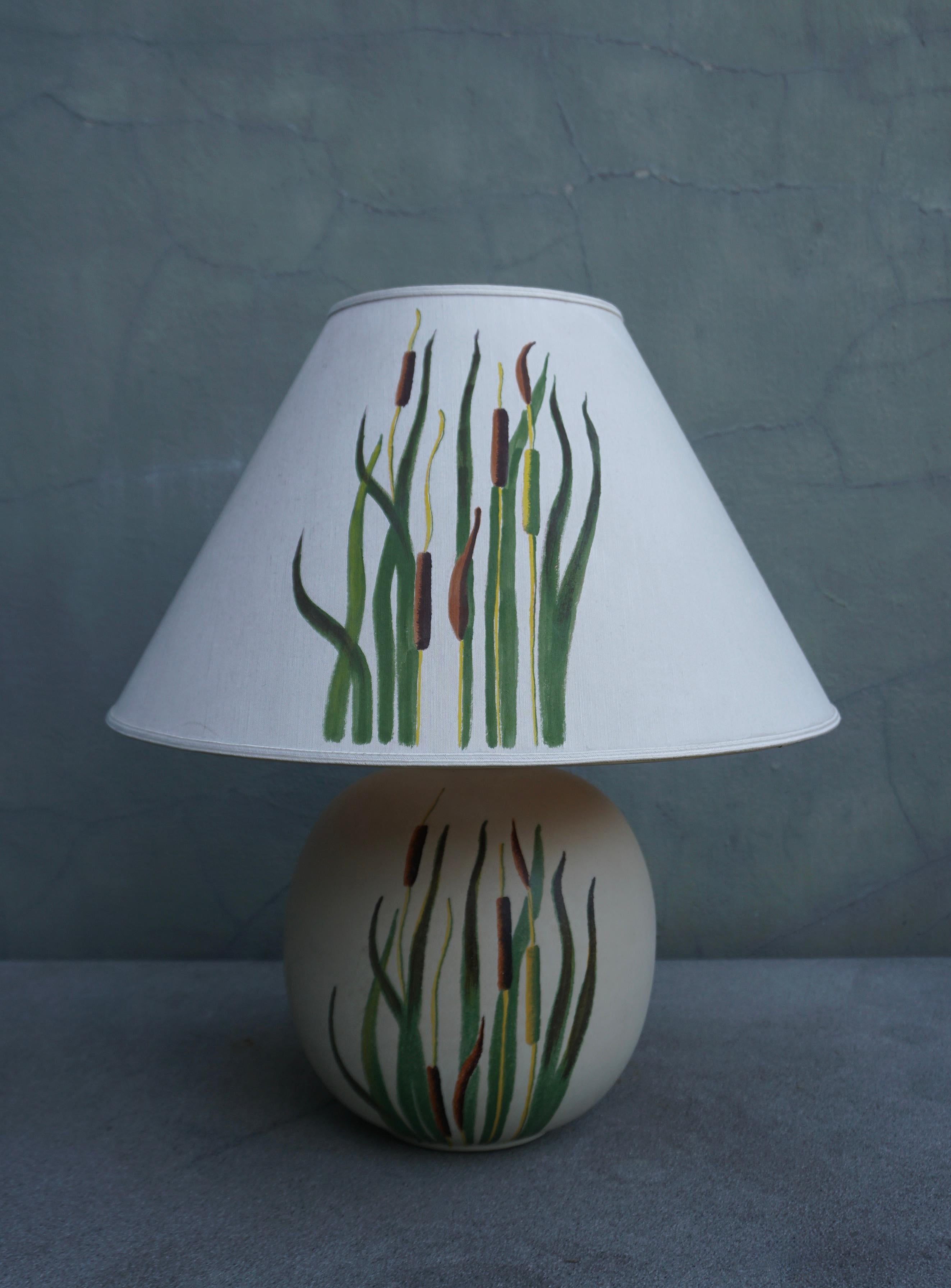 Painted Ceramic Table Lamp with Botanical Representation of Cattails Grass For Sale