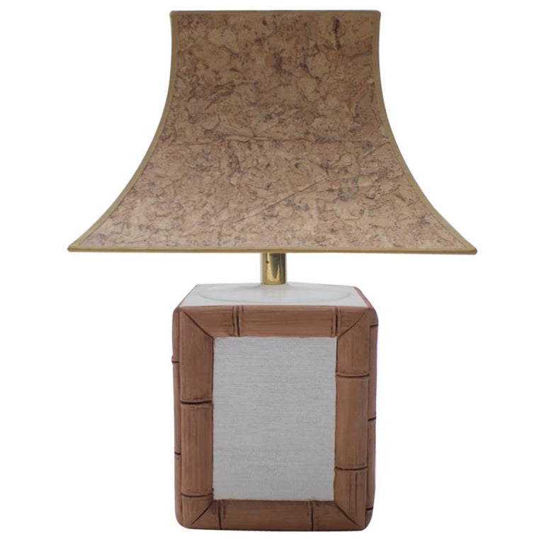 Ceramic Table Lamp with Cork Shade in Japan Bamboo Look by Leola, 1970s ...