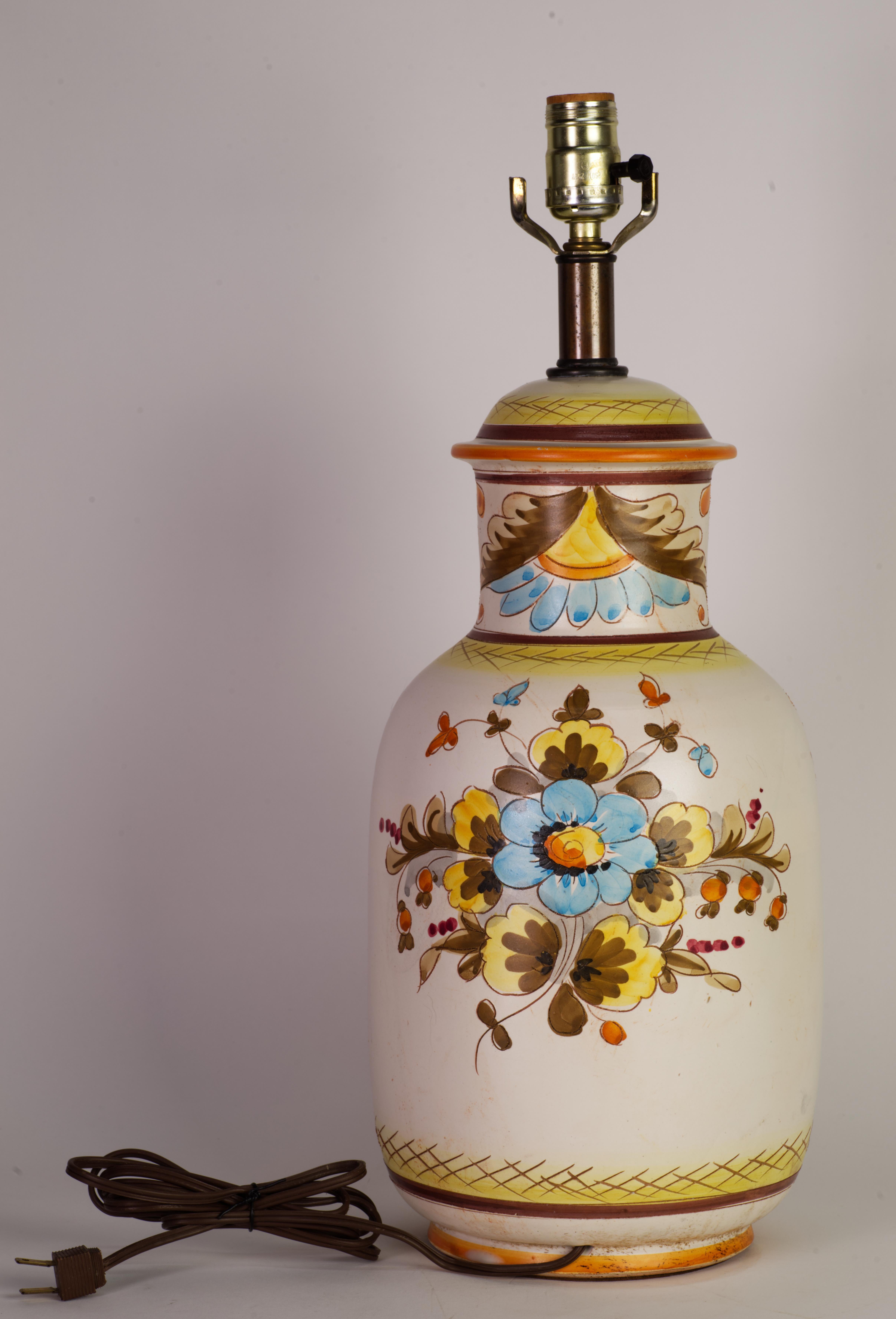 Folk Art Ceramic Table Lamp with Country Style Floral Decor White Blue Orange, 1970s-1980 For Sale