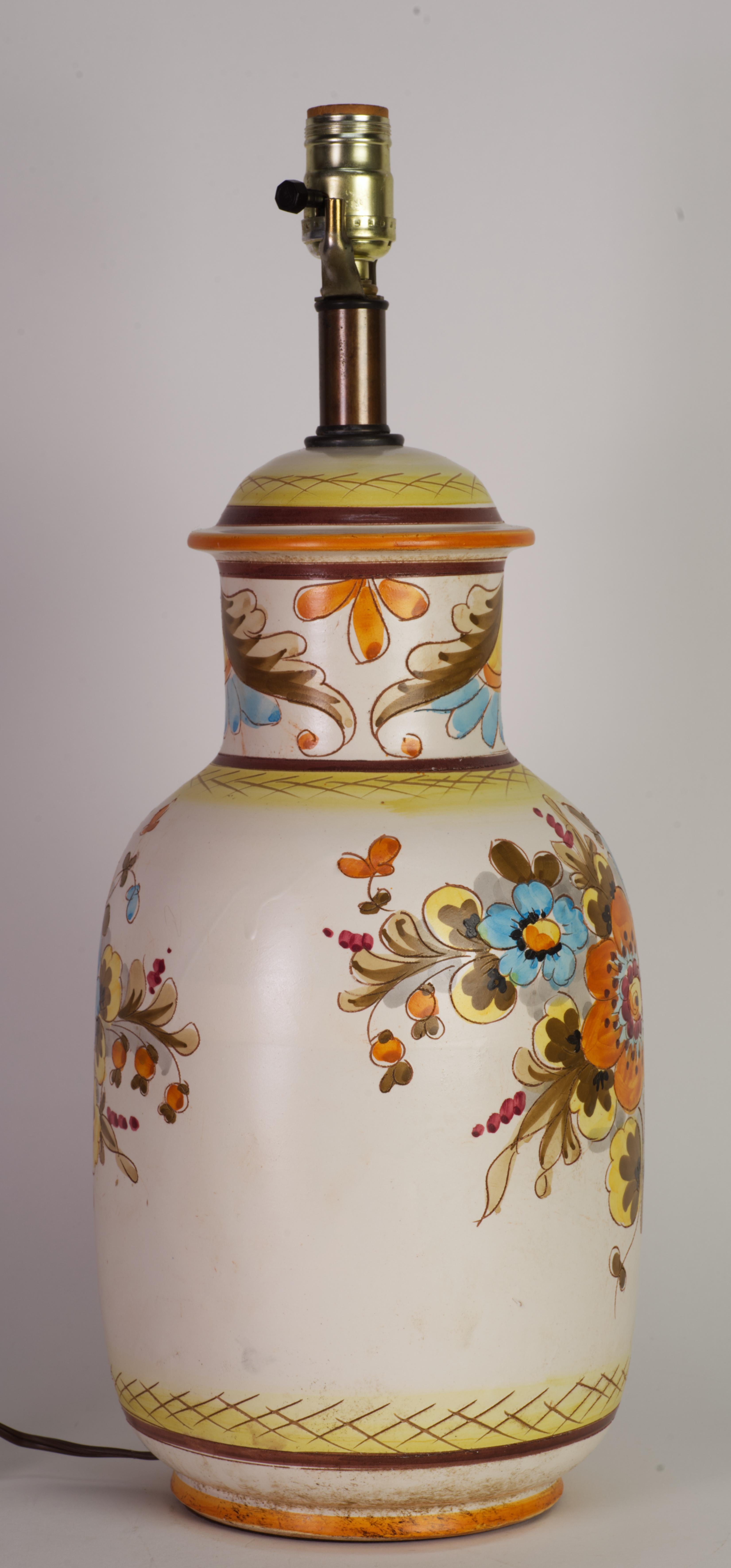 Hand-Painted Ceramic Table Lamp with Country Style Floral Decor White Blue Orange, 1970s-1980 For Sale