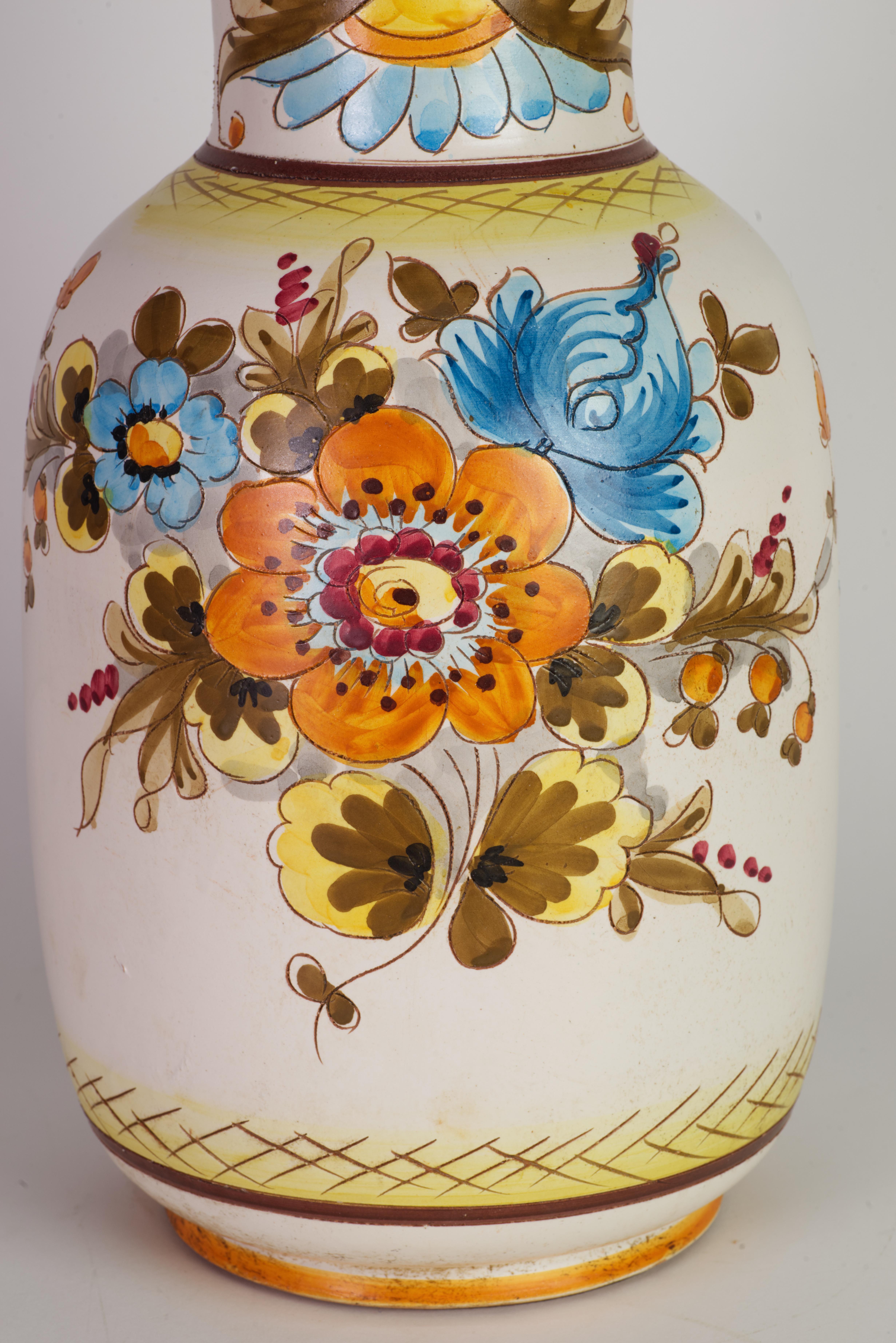 20th Century Ceramic Table Lamp with Country Style Floral Decor White Blue Orange, 1970s-1980 For Sale