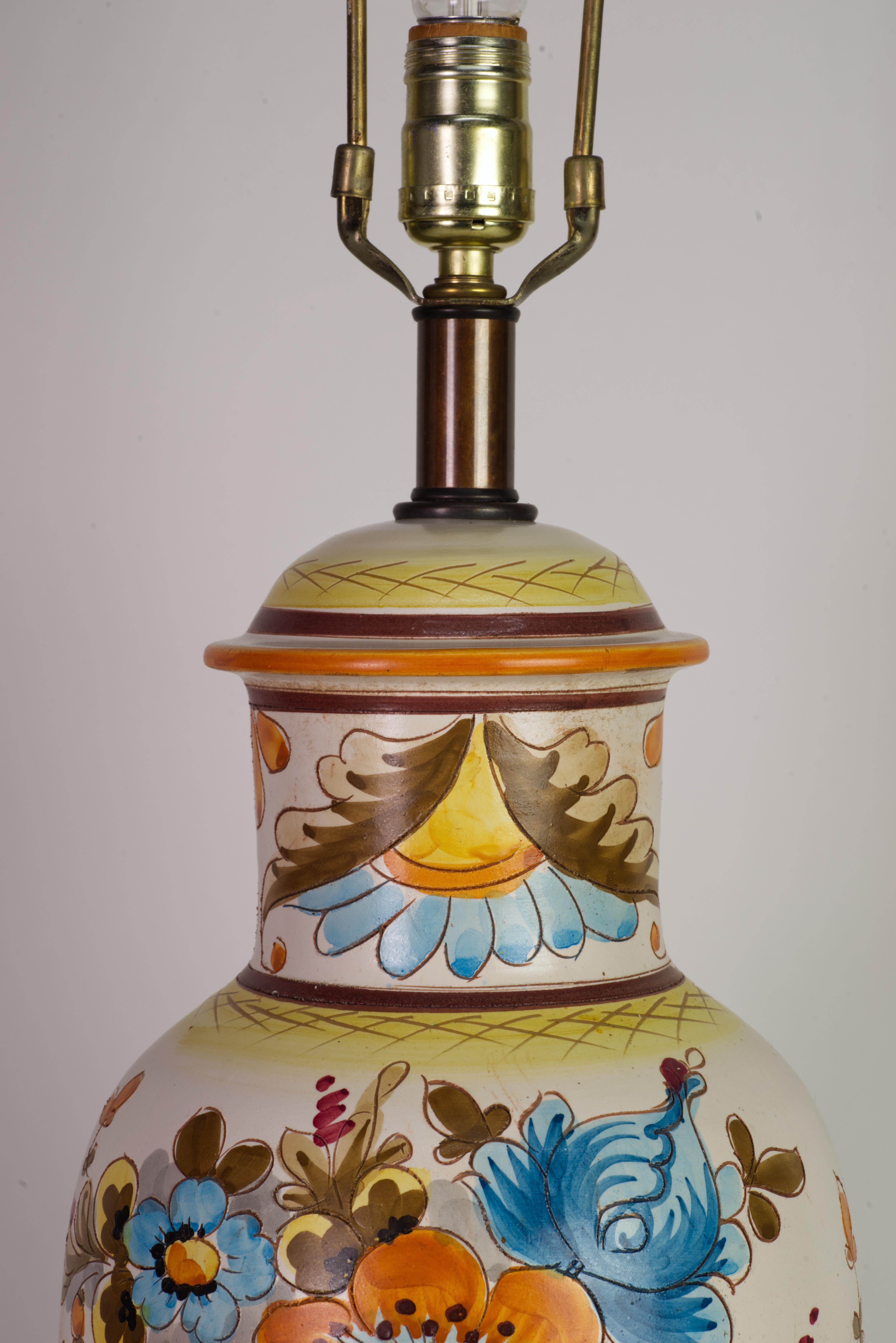 Ceramic Table Lamp with Country Style Floral Decor White Blue Orange, 1970s-1980 For Sale 1