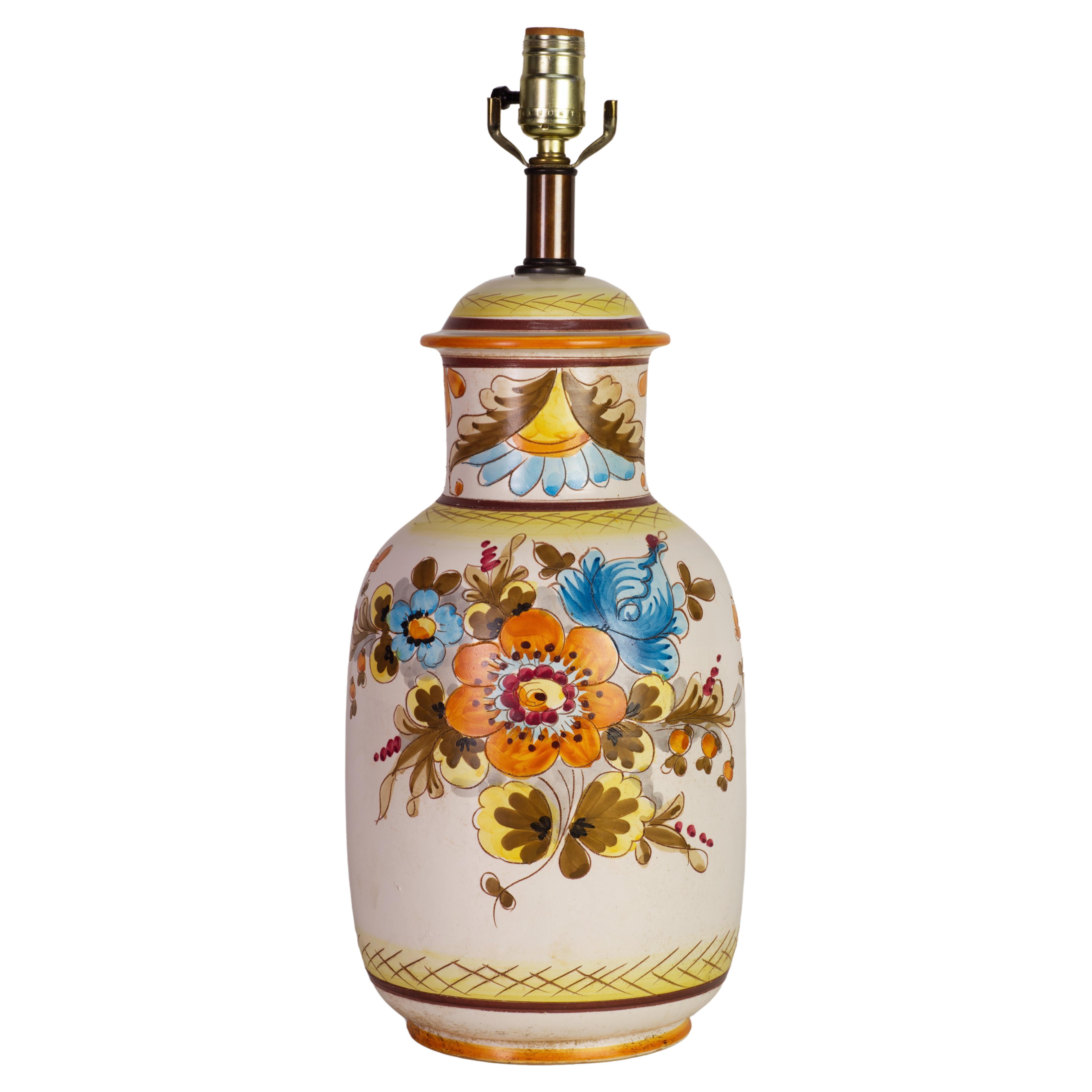 Ceramic Table Lamp with Country Style Floral Decor White Blue Orange, 1970s-1980 For Sale