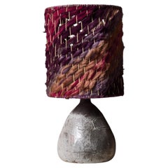 Ceramic Table Lamp with Crackle Glaze Base and Woven Wool Shade in Plum Tones