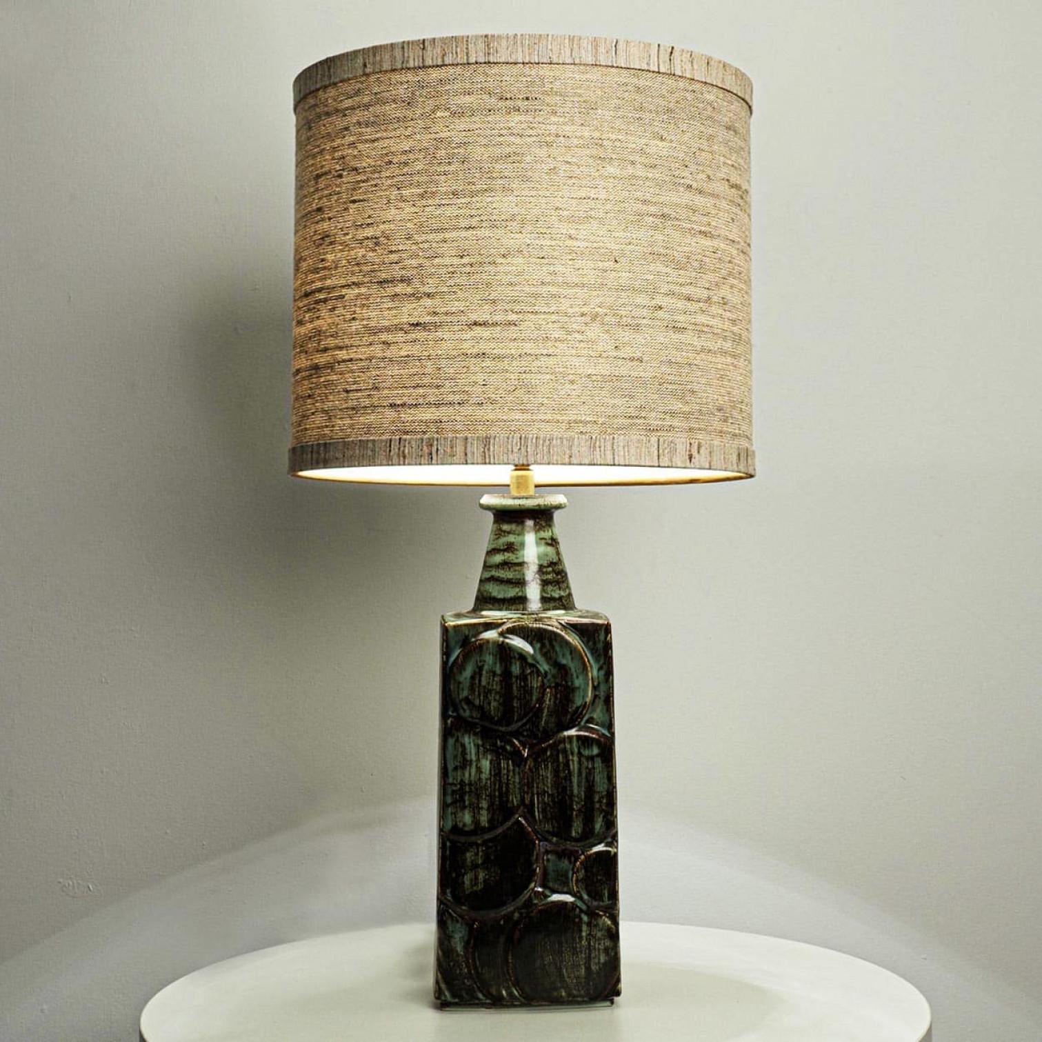 Late 20th Century Ceramic Table Lamp with Custom Made Silk Lampshade René Houben, Denmark 1970s For Sale
