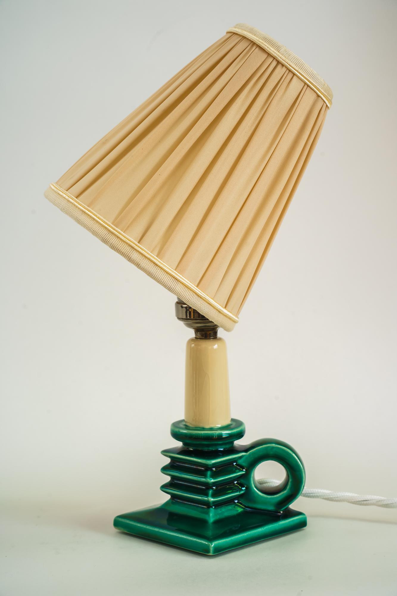 French Ceramic Table Lamp with Fabric Shade Around 1920s For Sale