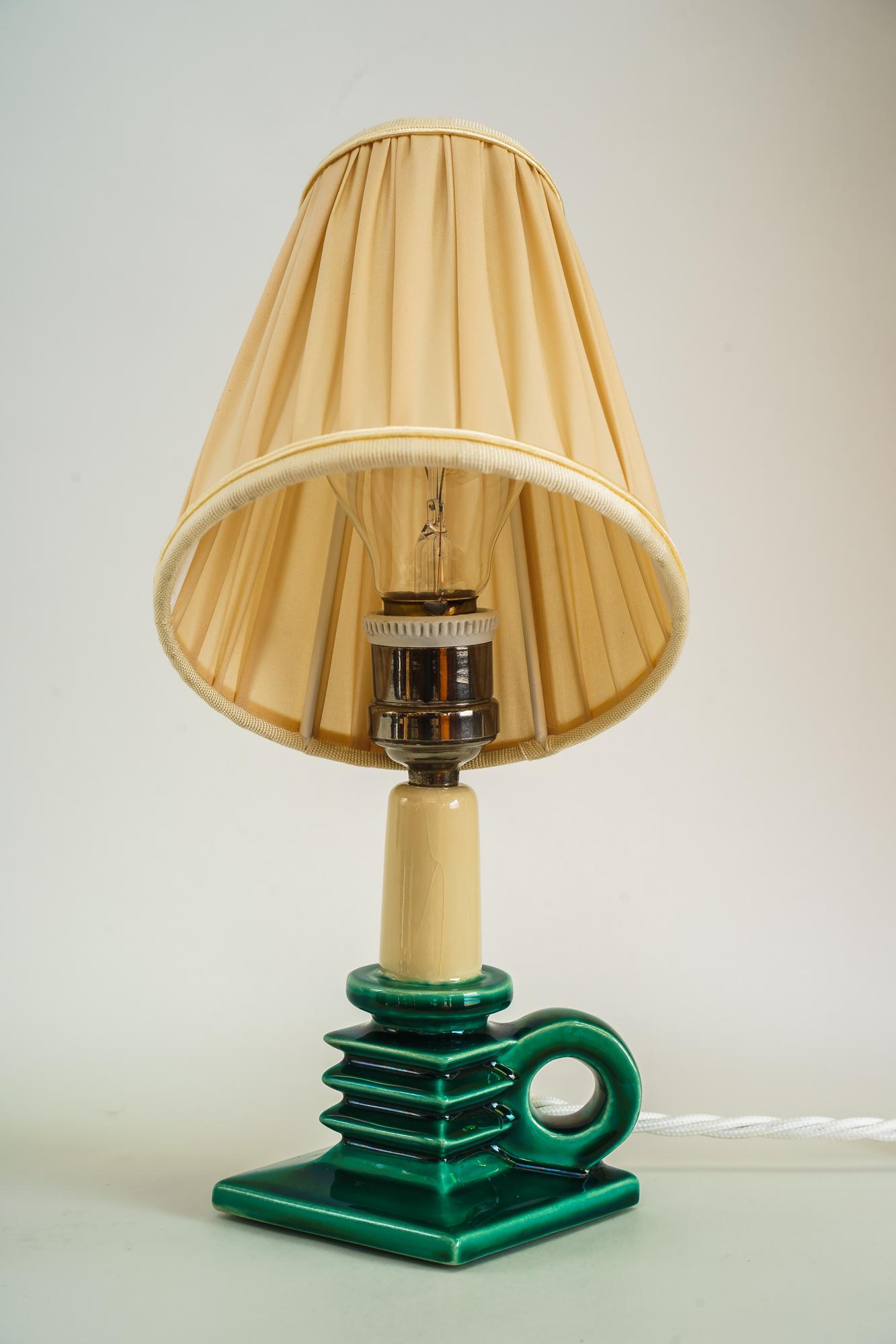 Ceramic Table Lamp with Fabric Shade Around 1920s In Good Condition For Sale In Wien, AT