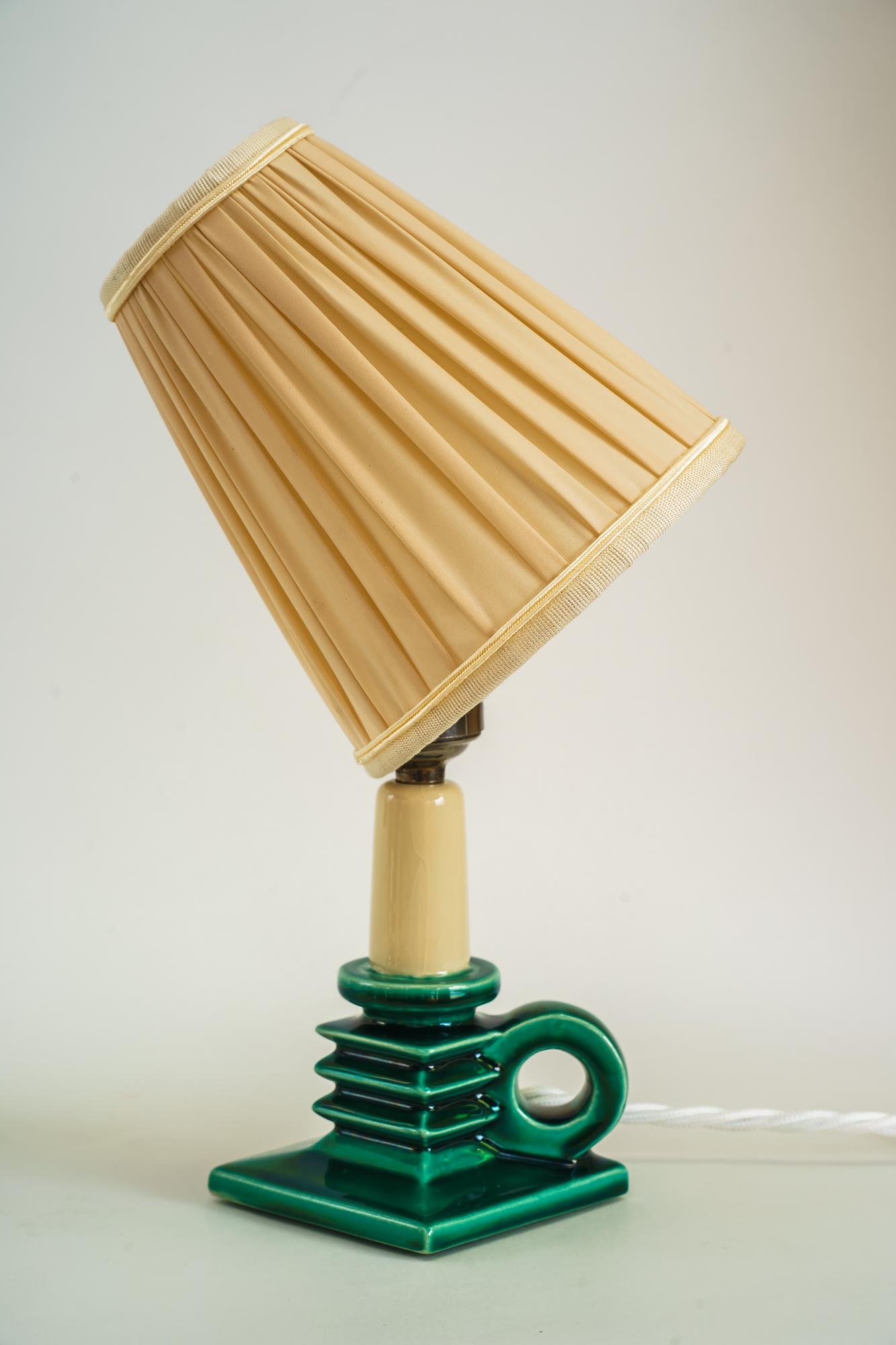 Ceramic Table Lamp with Fabric Shade Around 1920s 1