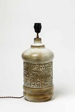 Ceramic Table Lamp with Geometrical Decoration by Huguette Bessone, circa 1970