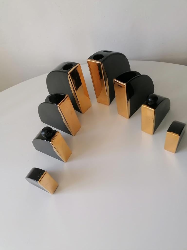 Post-Modern Ceramic Table Set Black Gold Glazed From The 1980s For Sale