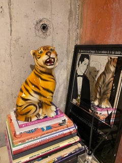 Ceramic Table Tiger Statue Alcobaca Portugal Hollywood Regency Vintage 1970s