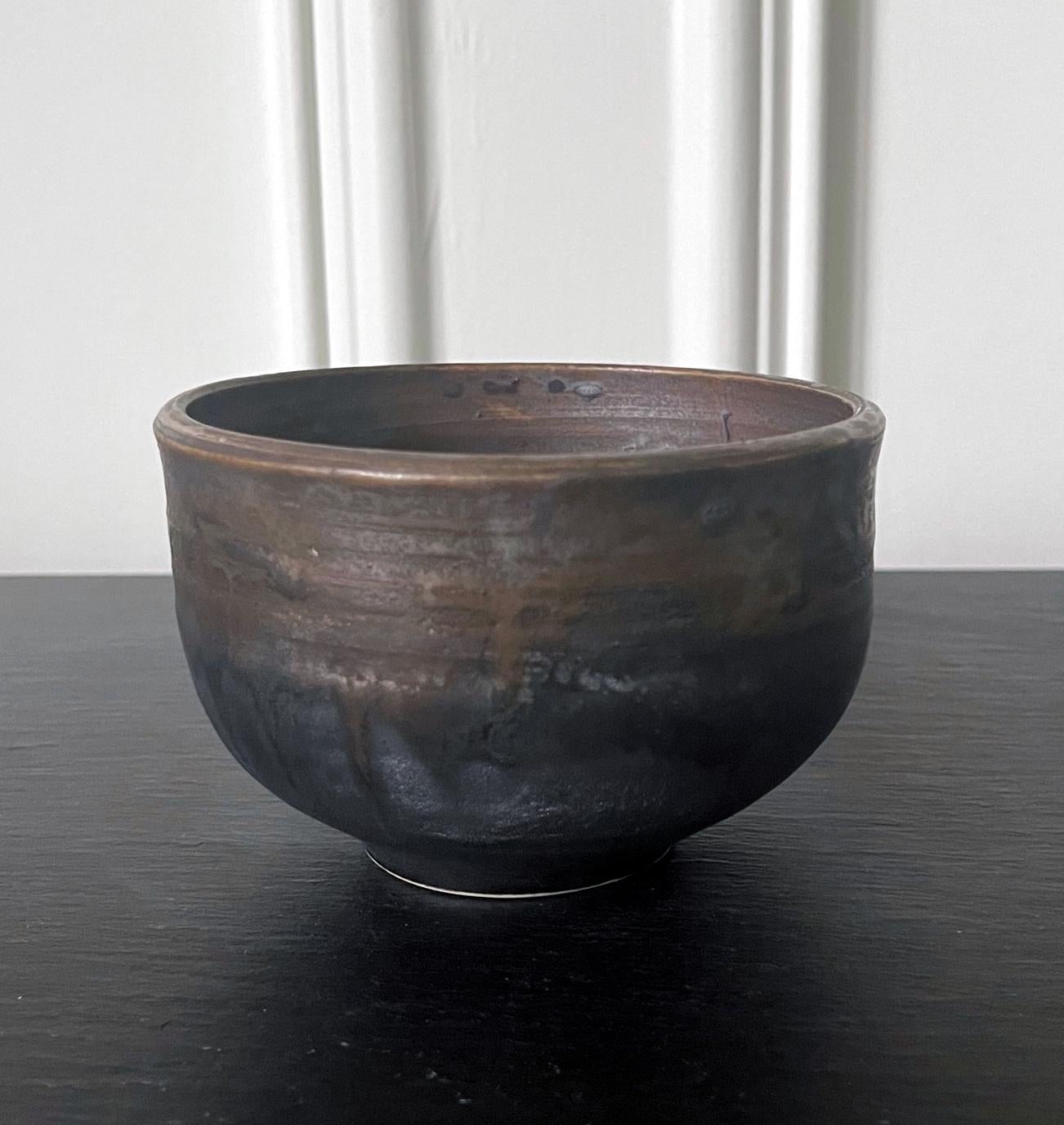 Modern Ceramic Tea Bowl with Black Iridescent Glaze by Toshiko Takaezu