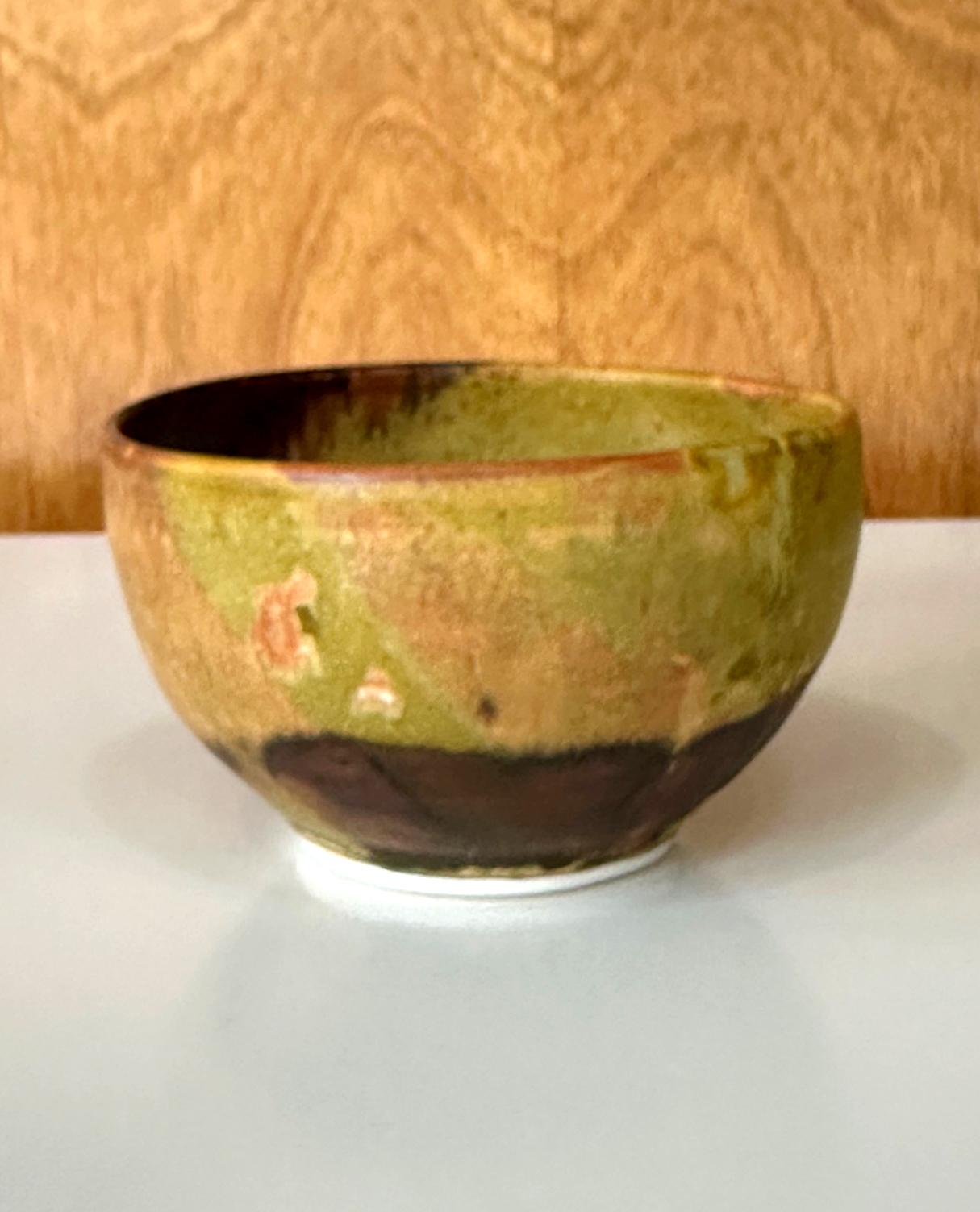 Modern Ceramic Tea Bowl with Mottled Yellow Glaze by Toshiko Takaezu For Sale