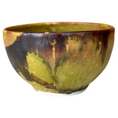 Vintage Ceramic Tea Bowl with Mottled Yellow Glaze by Toshiko Takaezu