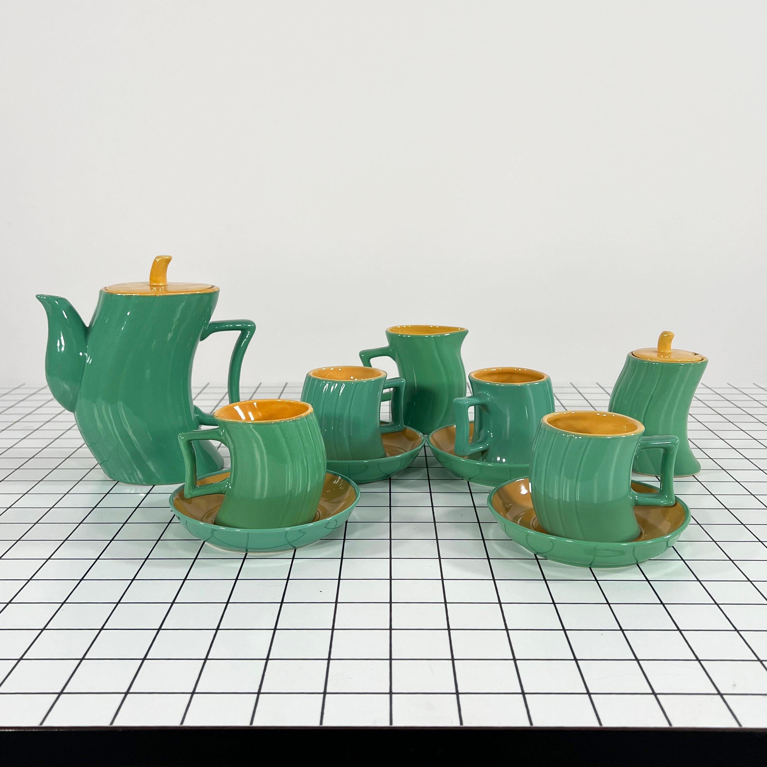 2 sets available - Price is per set
Designer - Massimo Iosa Ghini
Producer - Naj Oleari
Design Period - Eighties
Measurements - Width 16 cm x Depth 9 cm x Height 18 cm (Teapot) 
Materials - Ceramic
Color - Green, Yellow

Condition - Good