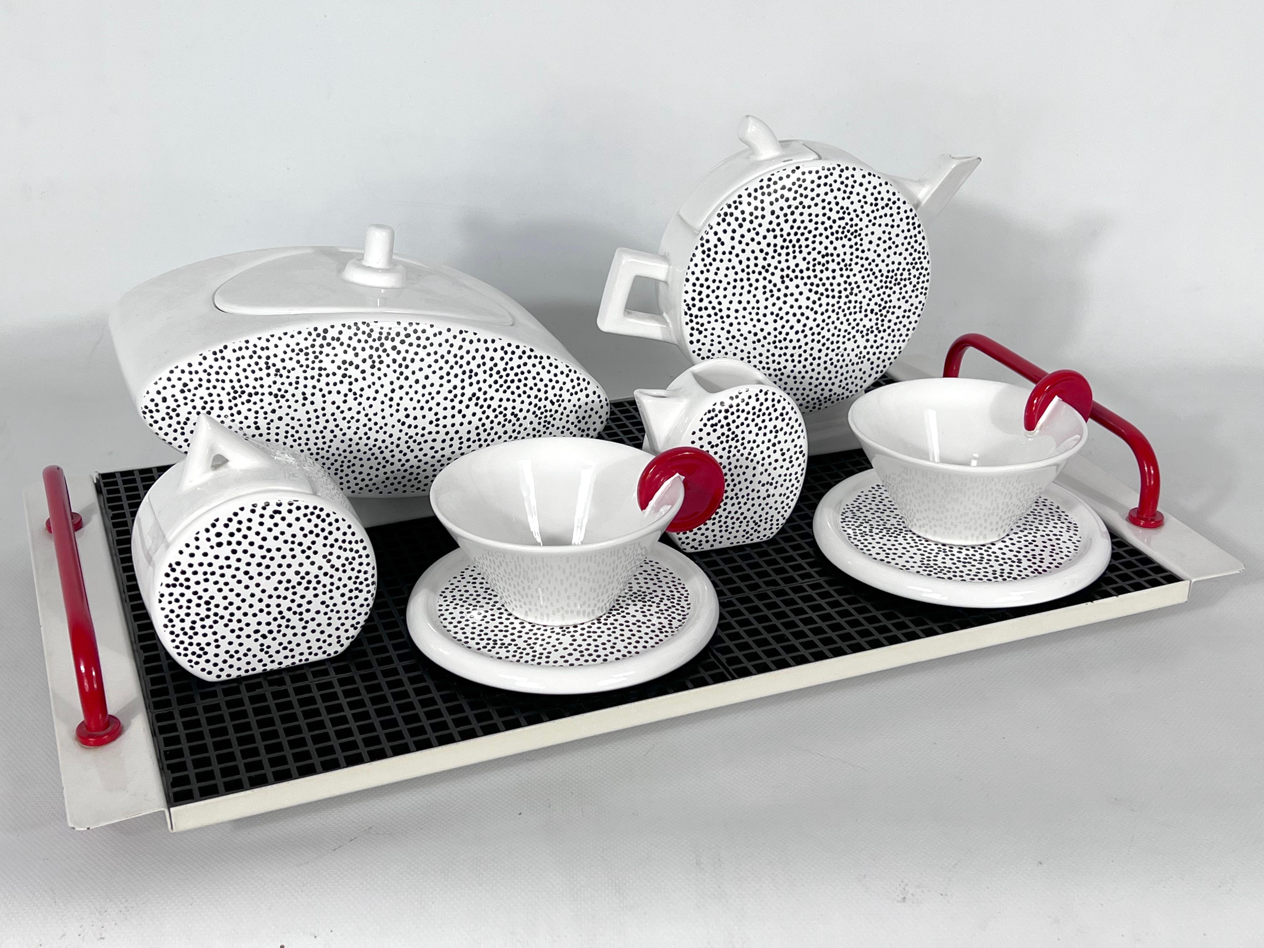 Post-Modern Ceramic Tea Set by Mas for Memphis Milano, 1980s, Set of 7 For Sale