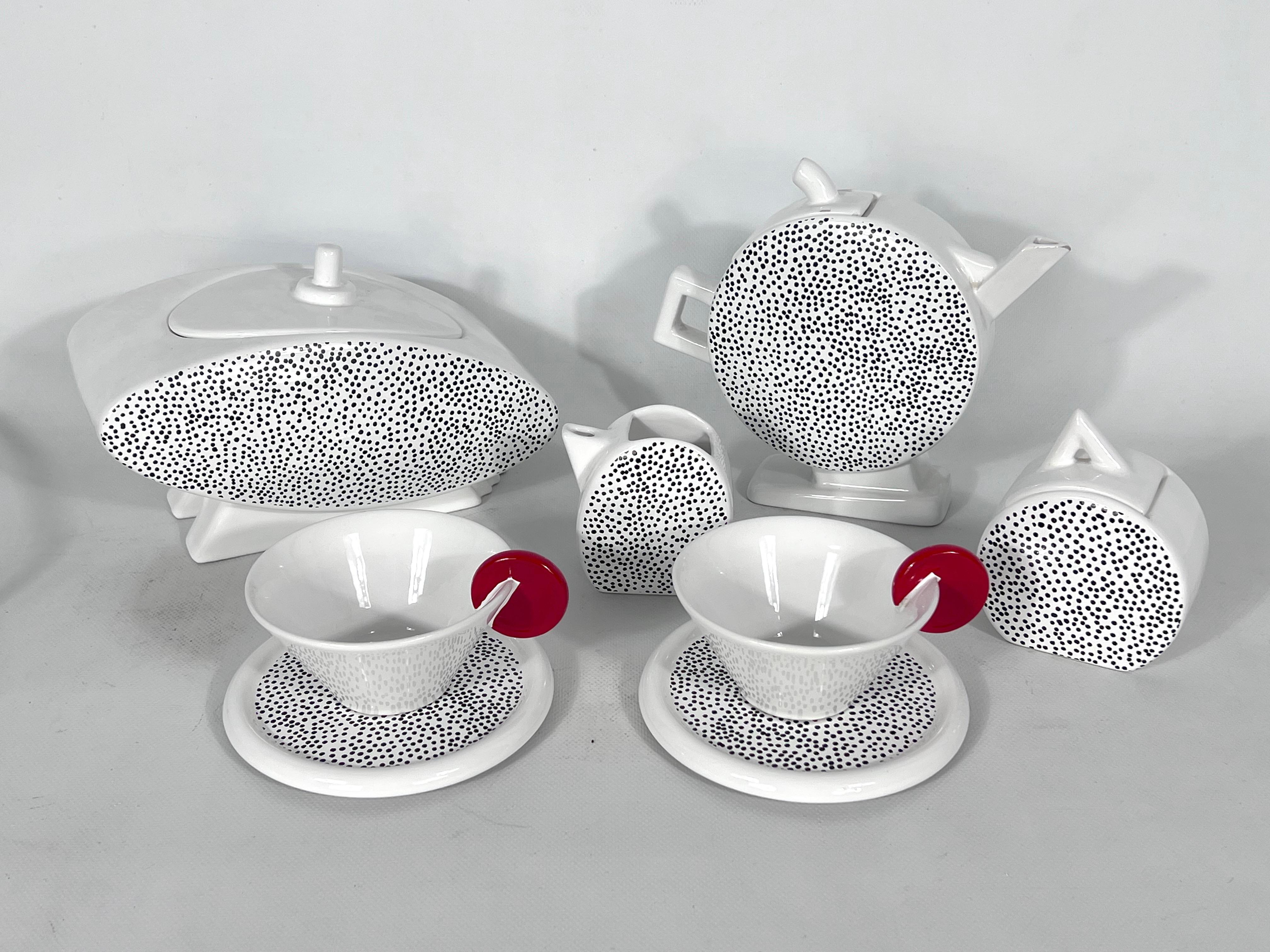 Metal Ceramic Tea Set by Mas for Memphis Milano, 1980s, Set of 7 For Sale