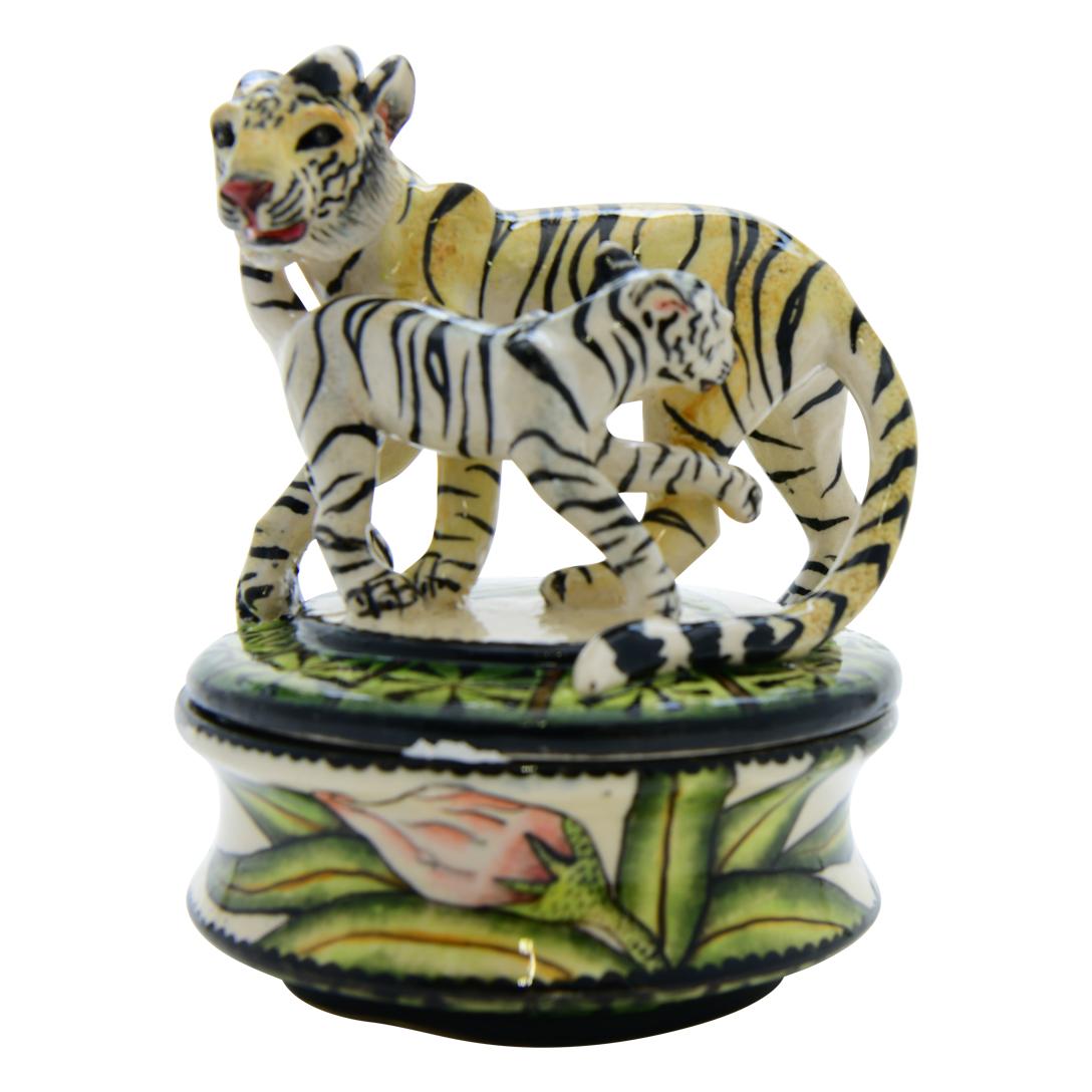 Contemporary Ceramic  Tiger And Cub Jewelry Box  , hand made in South Africa