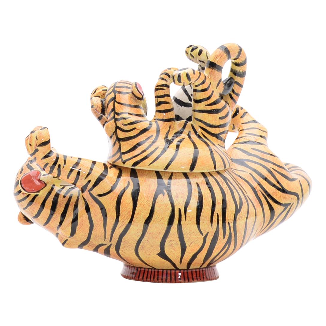 Hand-Painted Ceramic Tiger Jewelry Box  , hand made in South Africa For Sale