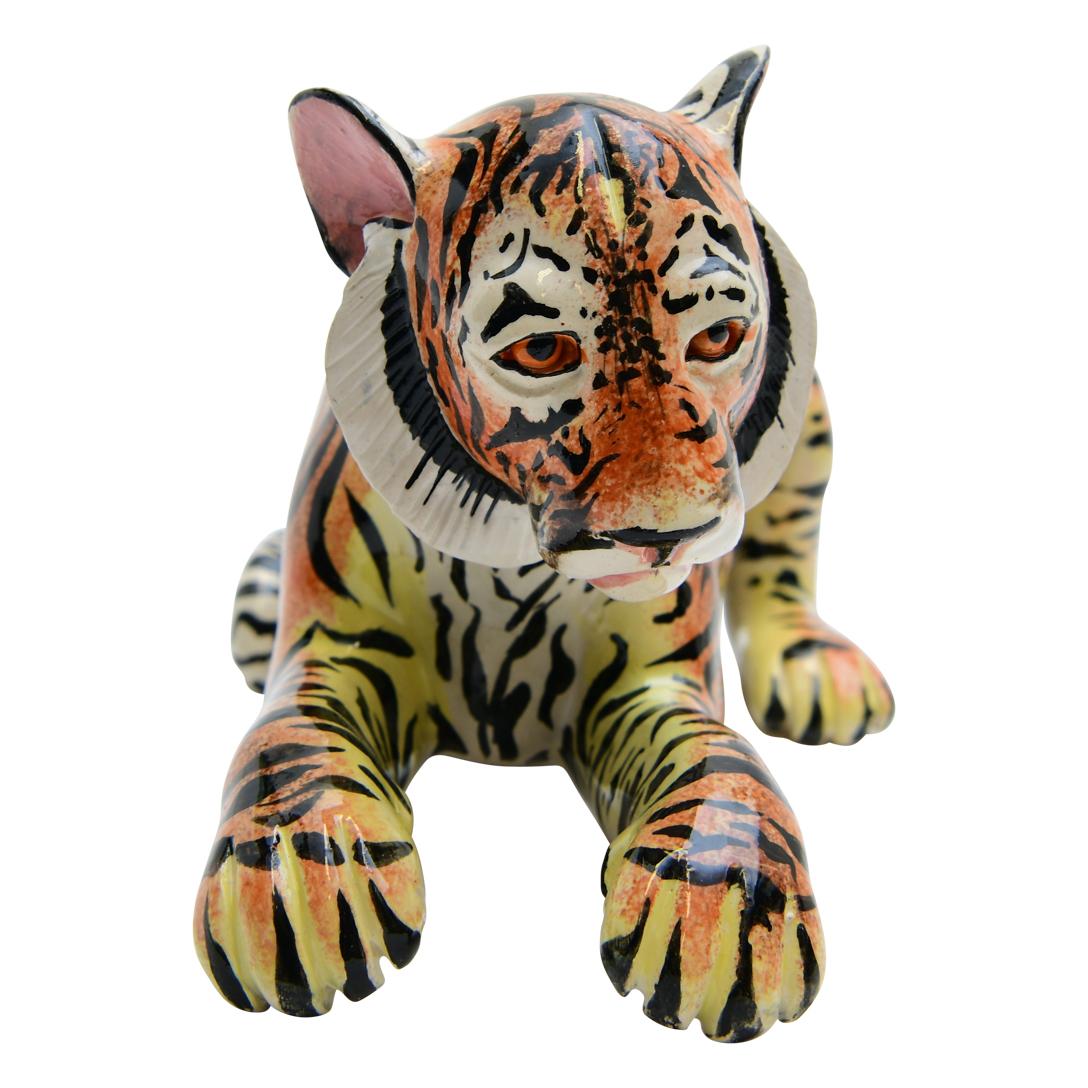 Modern Ceramic  Tiger  Sculpture , Hand Made And Painted In South Africa For Sale