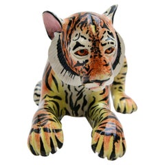 Cerámica  Tigre  Escultura , Hand Made Y Pintada En Sudáfrica