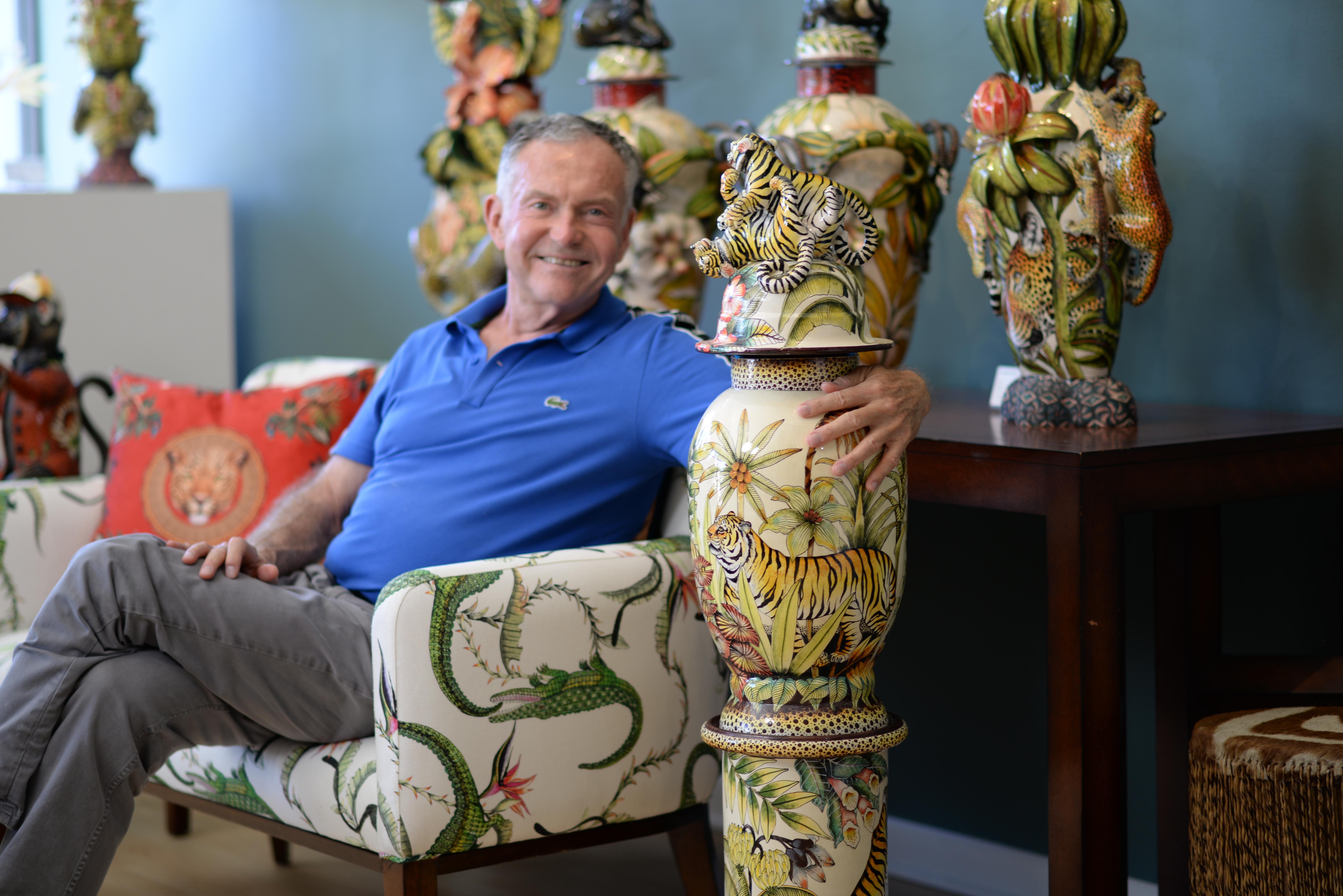 Contemporary Ceramic Tiger Urn, hand made in South Africa For Sale