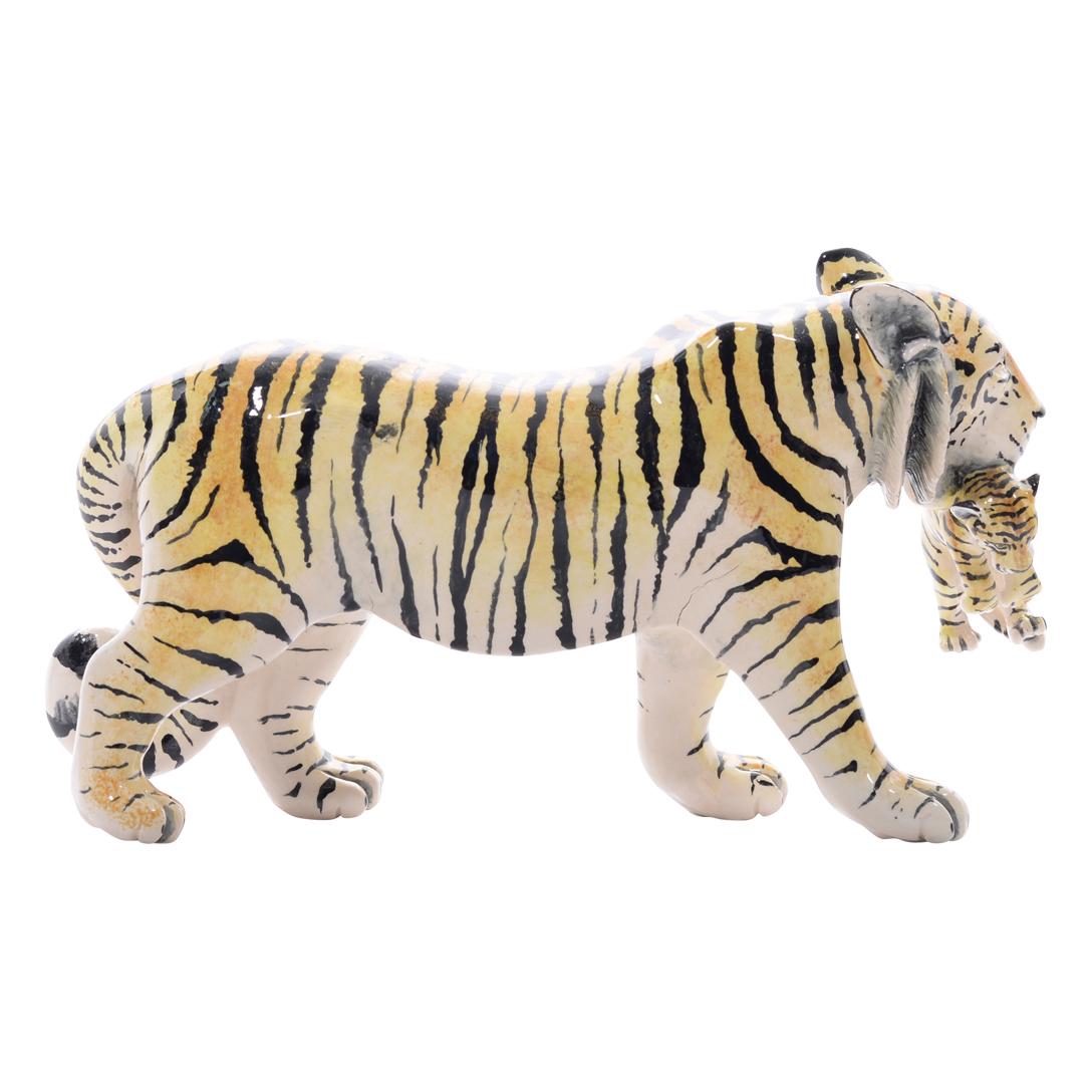 Modern Ceramic  Tiger  With Cub Sculpture , Hand Made And Painted In South Africa For Sale