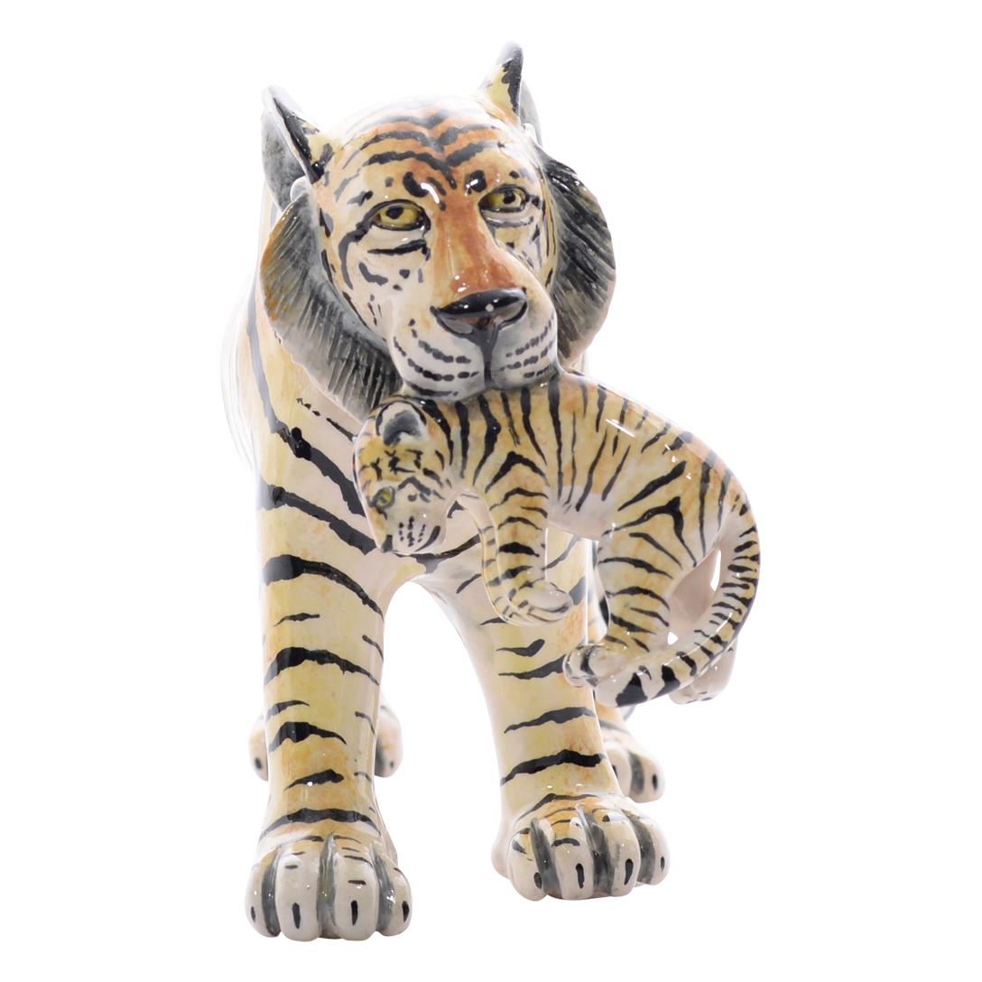 Fired Ceramic  Tiger  With Cub Sculpture , Hand Made And Painted In South Africa For Sale