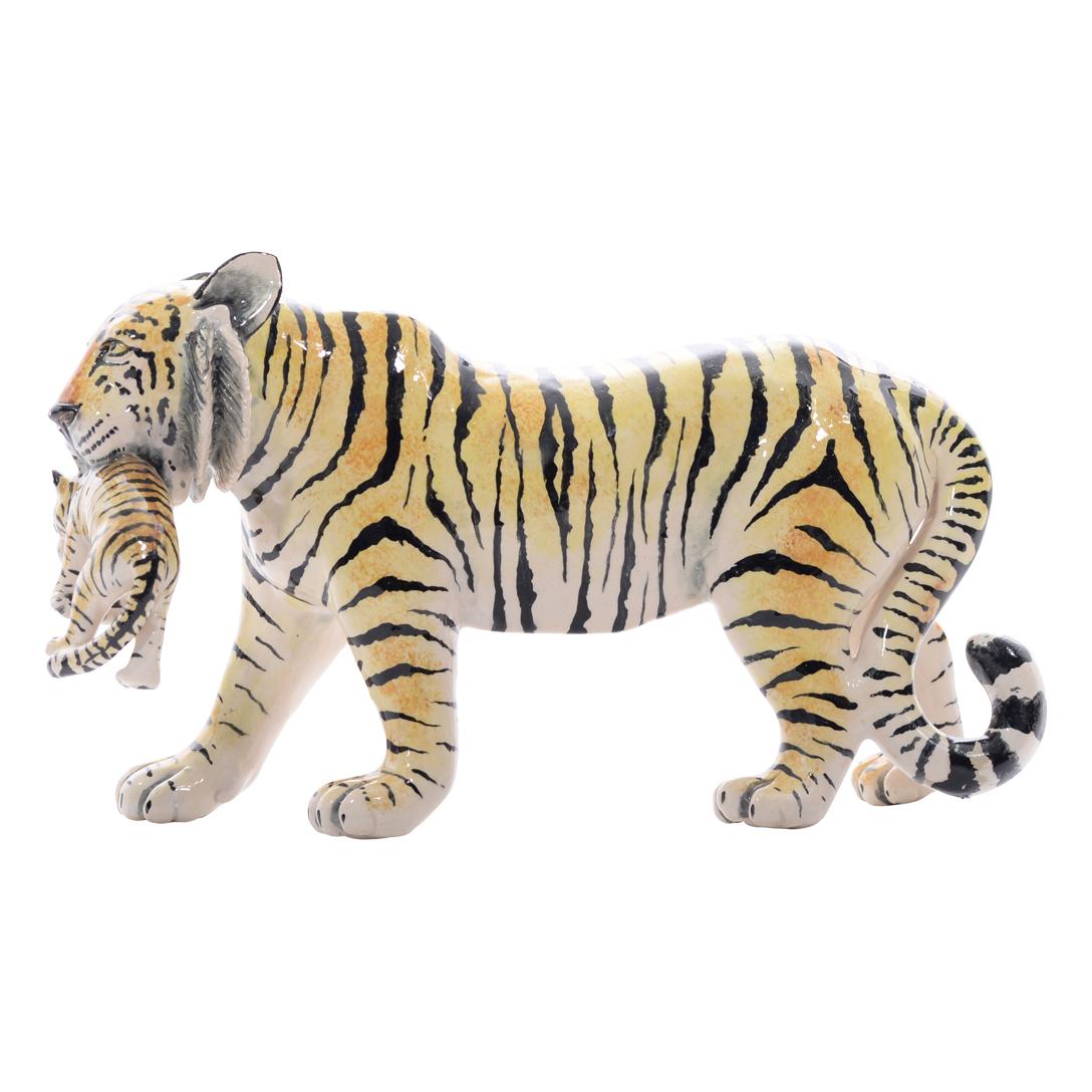 Ceramic  Tiger  With Cub Sculpture , Hand Made And Painted In South Africa In Excellent Condition For Sale In North Miami, FL