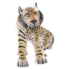 Ceramic  Tiger  With Cub Sculpture , Hand Made And Painted In South Africa