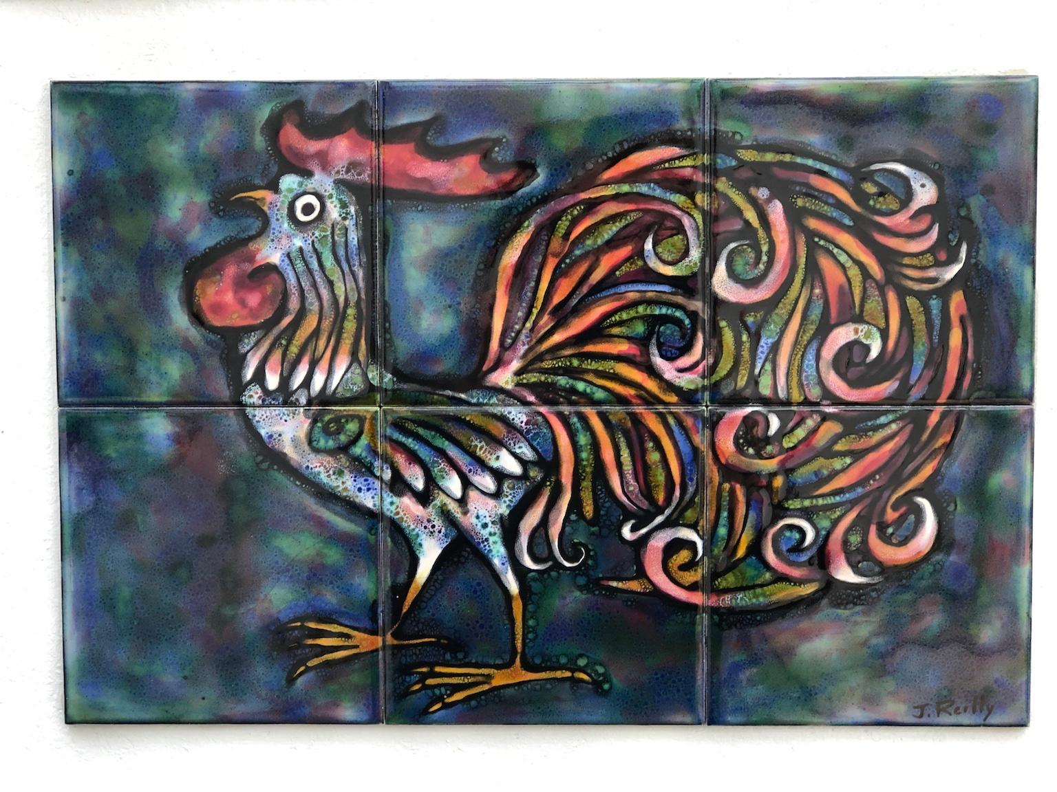 Mid-Century Modern Ceramic Tile Artwork of a Cockeral, by John Reilly, Isle of Wight Pottery, 1970s