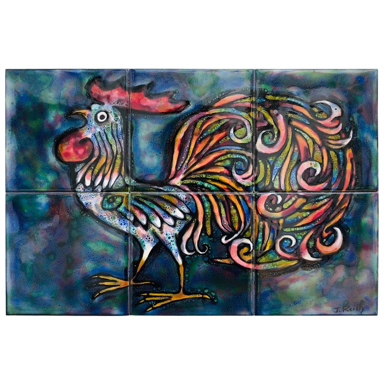 Ceramic Tile Artwork of a Cockeral, by John Reilly, Isle of Wight Pottery, 1970s