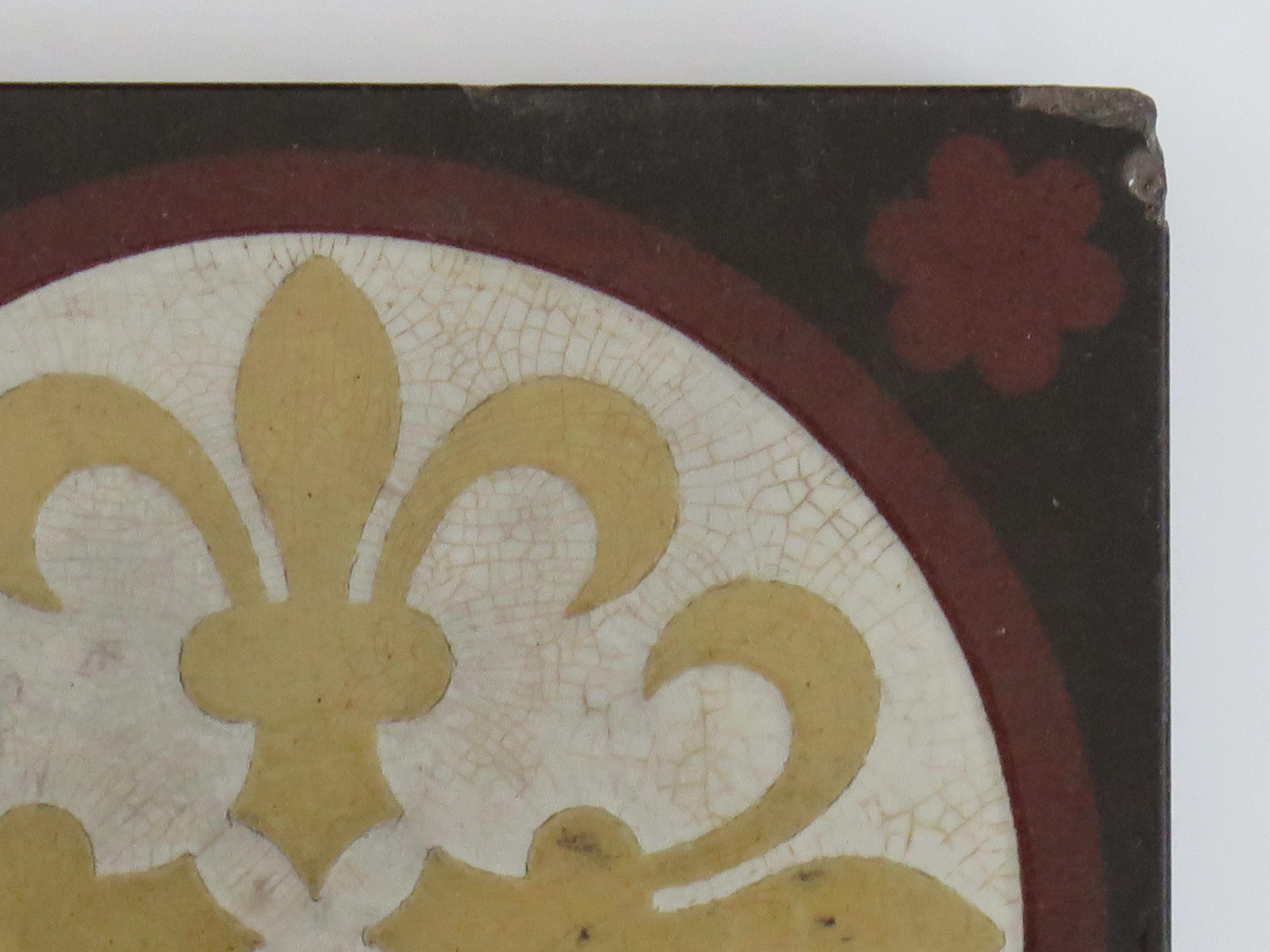 Glazed Ceramic Tile by William Godwin in Fleur-de-lis pattern, English 19th Century For Sale