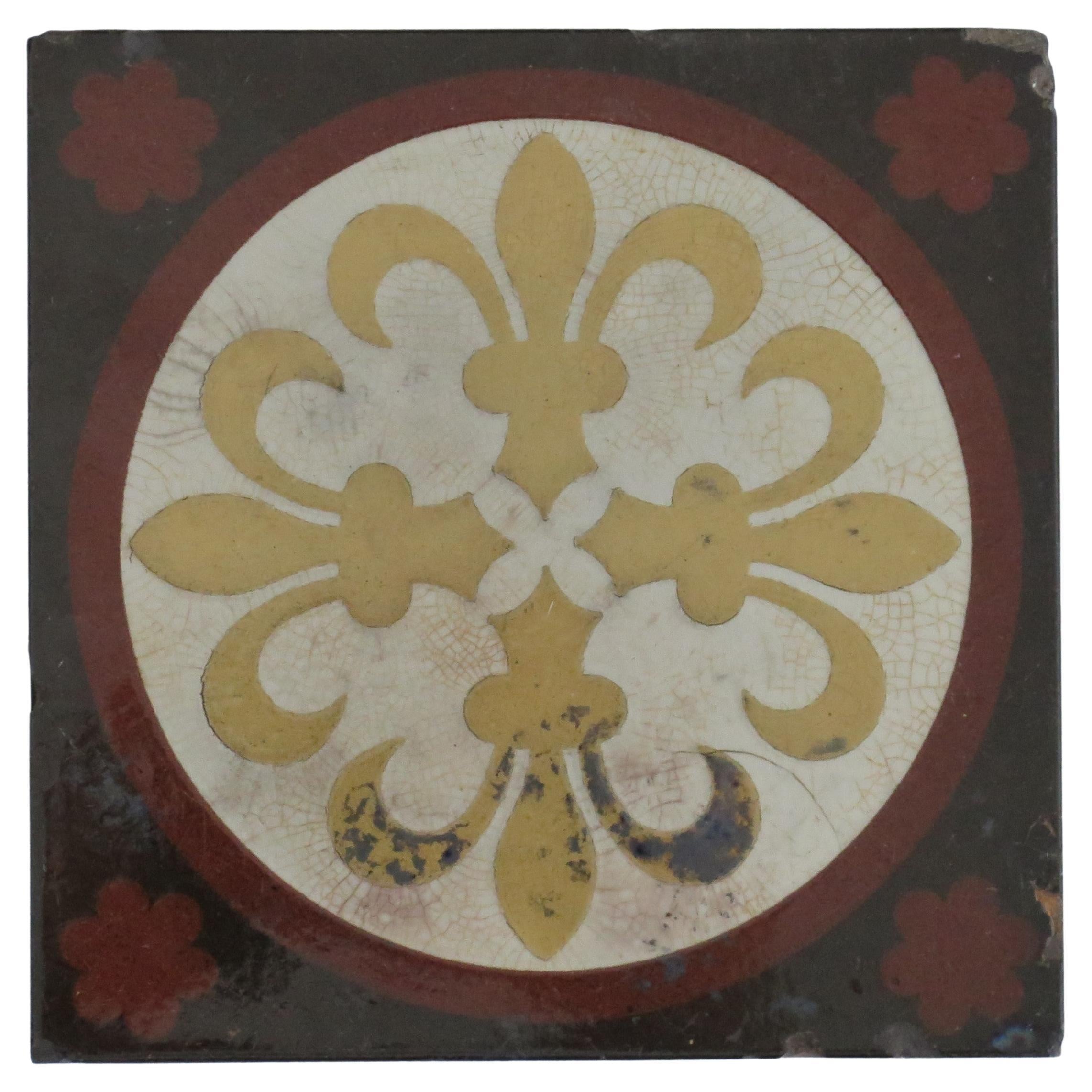 Ceramic Tile by William Godwin in Fleur-de-lis pattern, English 19th Century For Sale